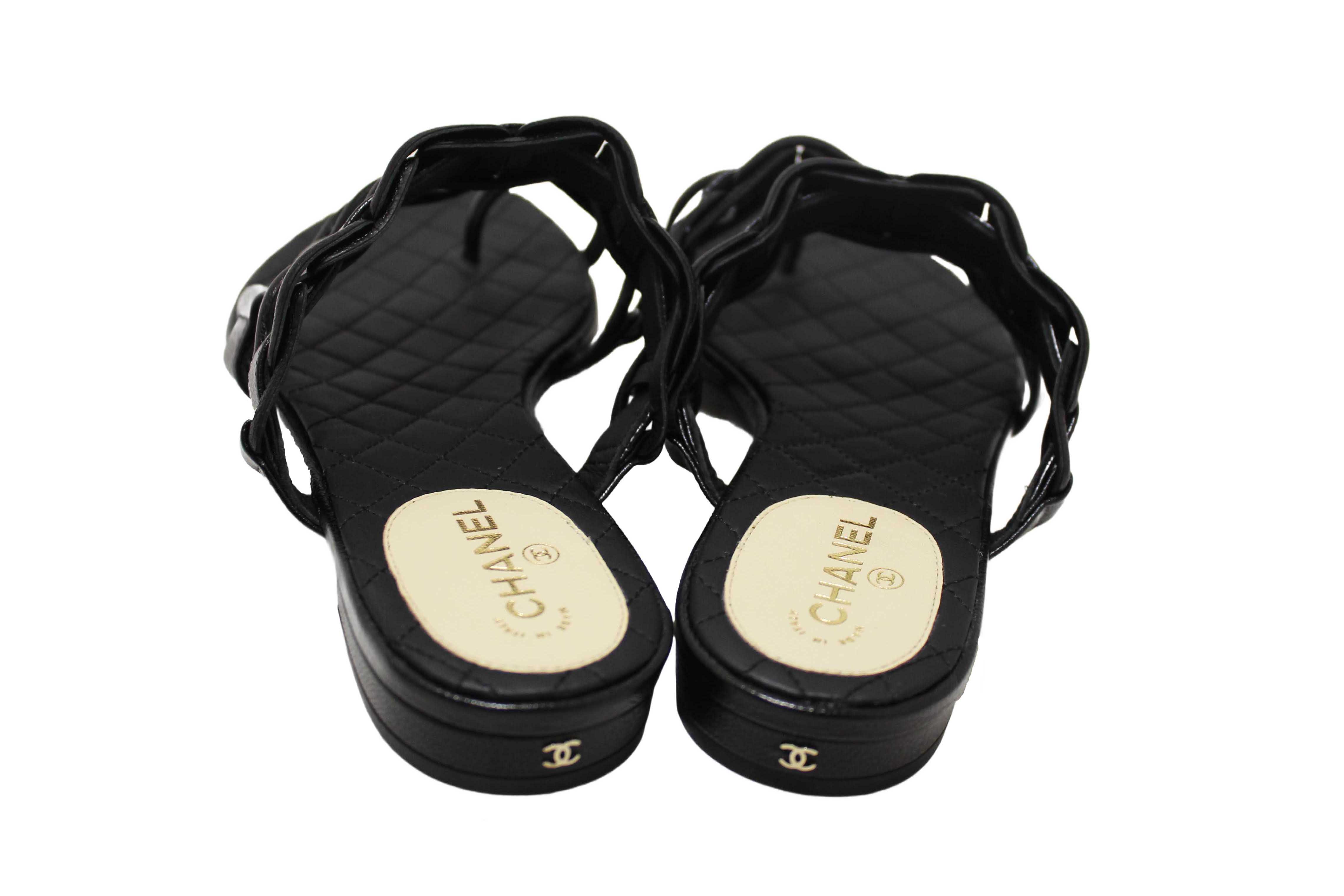 Authentic Chanel Black Leather Quilted Toe Flat Sandal Size 36