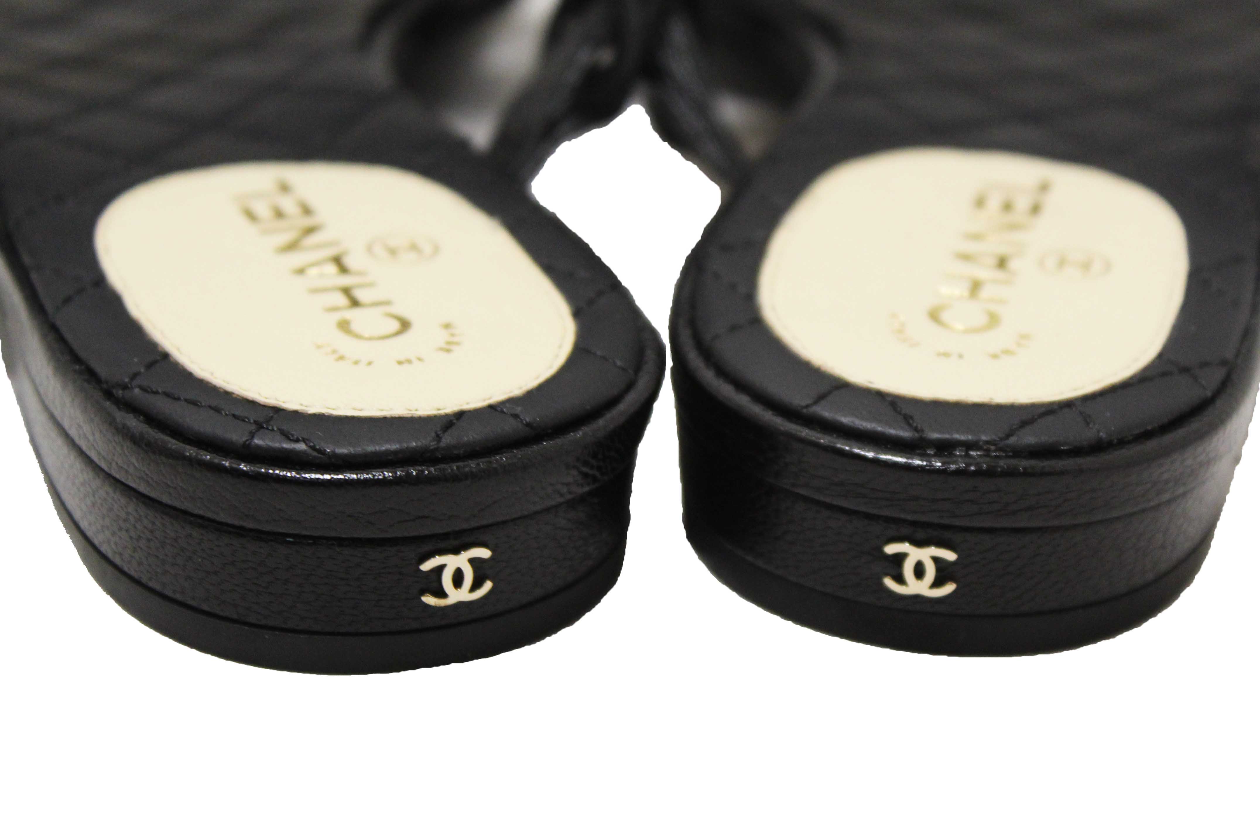 Authentic Chanel Black Leather Quilted Toe Flat Sandal Size 36