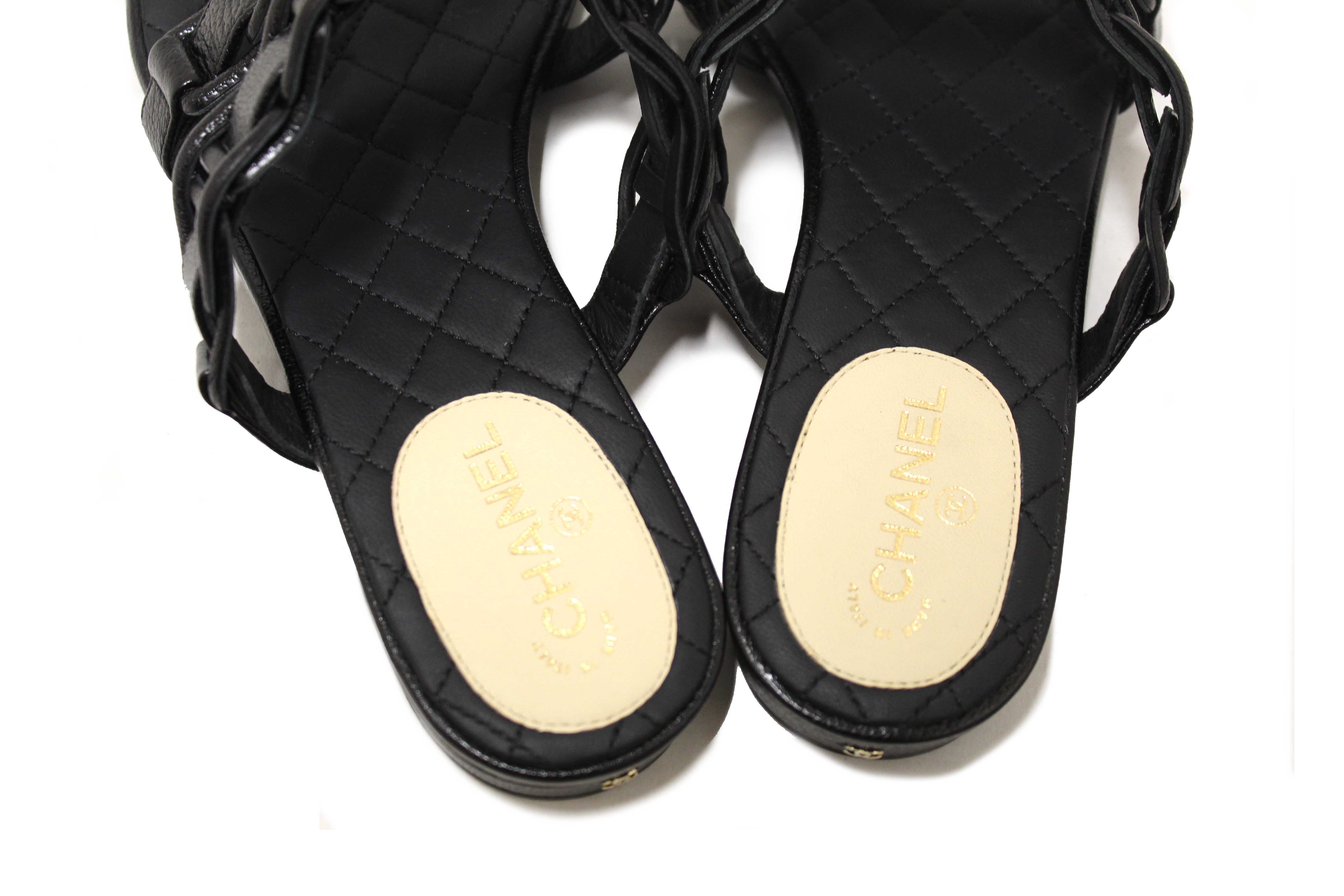 Authentic Chanel Black Leather Quilted Toe Flat Sandal Size 36