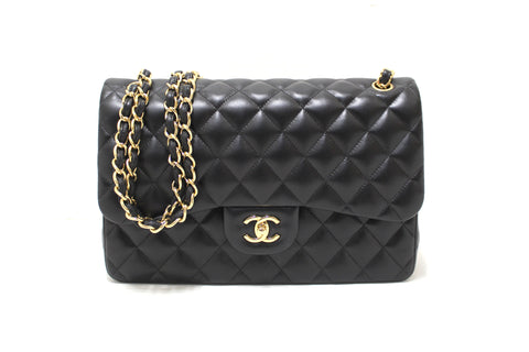 Authentic Chanel Black Quilted Lamskin Leather Classic Jumbo Double Flap Bag