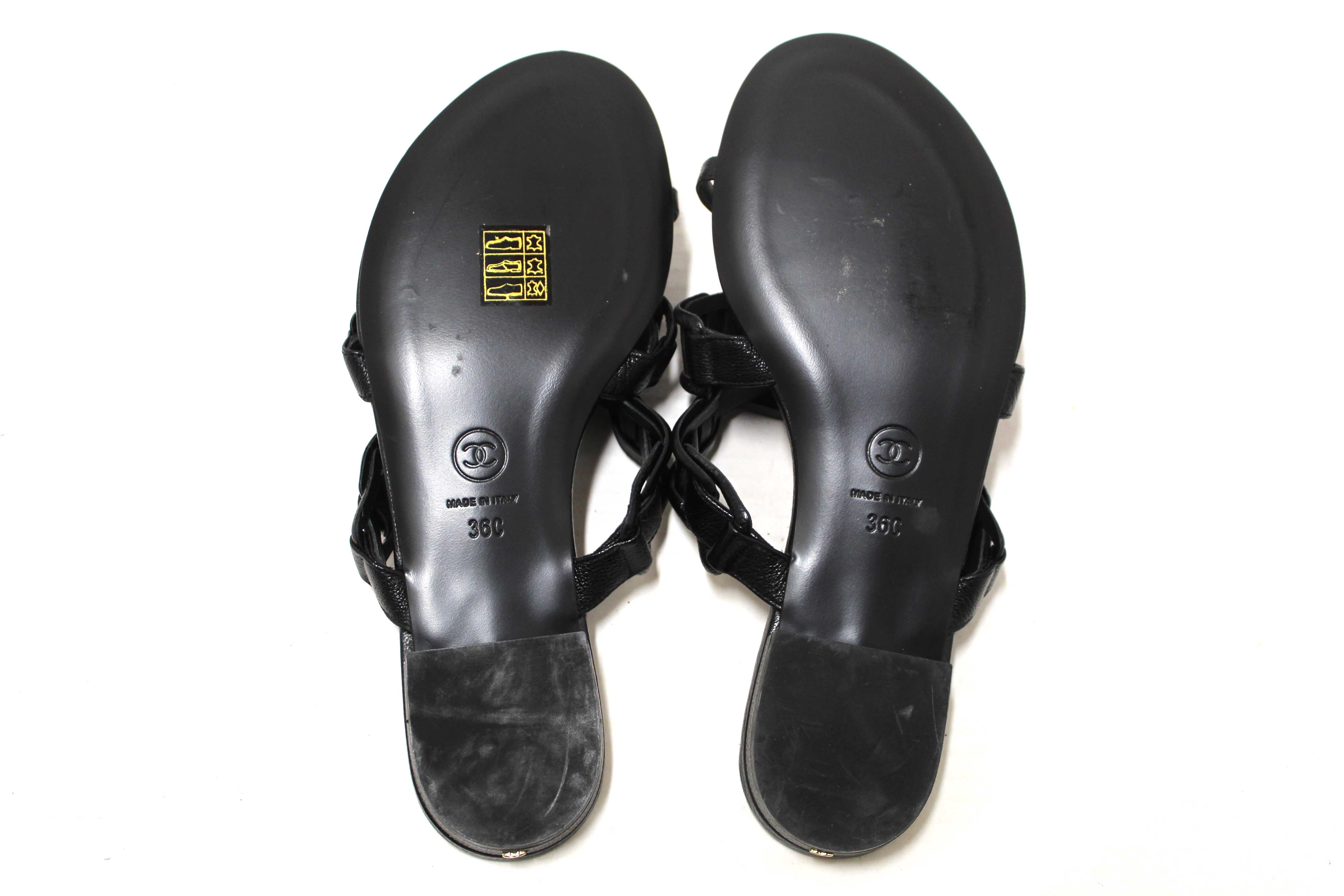 Authentic Chanel Black Leather Quilted Toe Flat Sandal Size 36