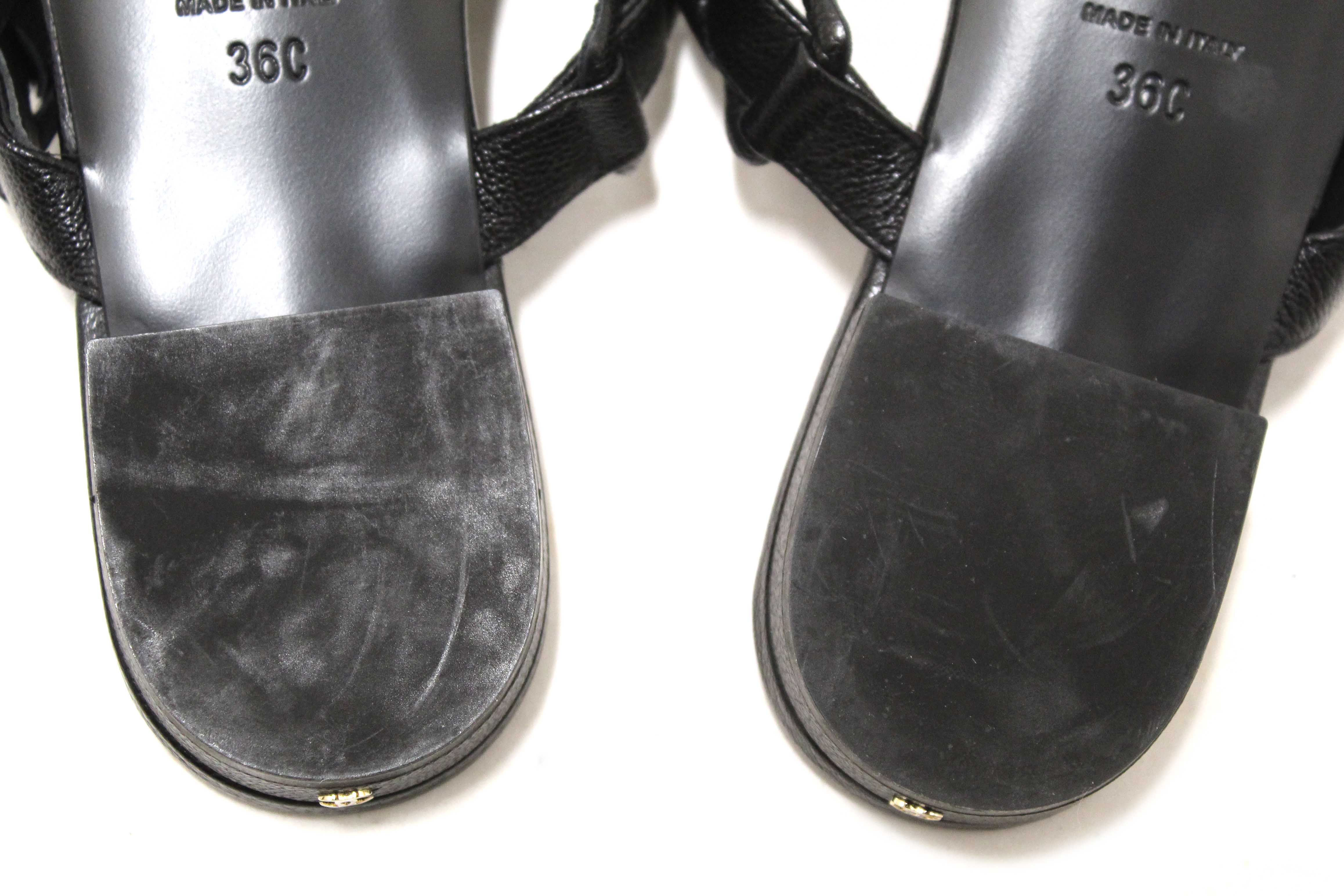 Authentic Chanel Black Leather Quilted Toe Flat Sandal Size 36