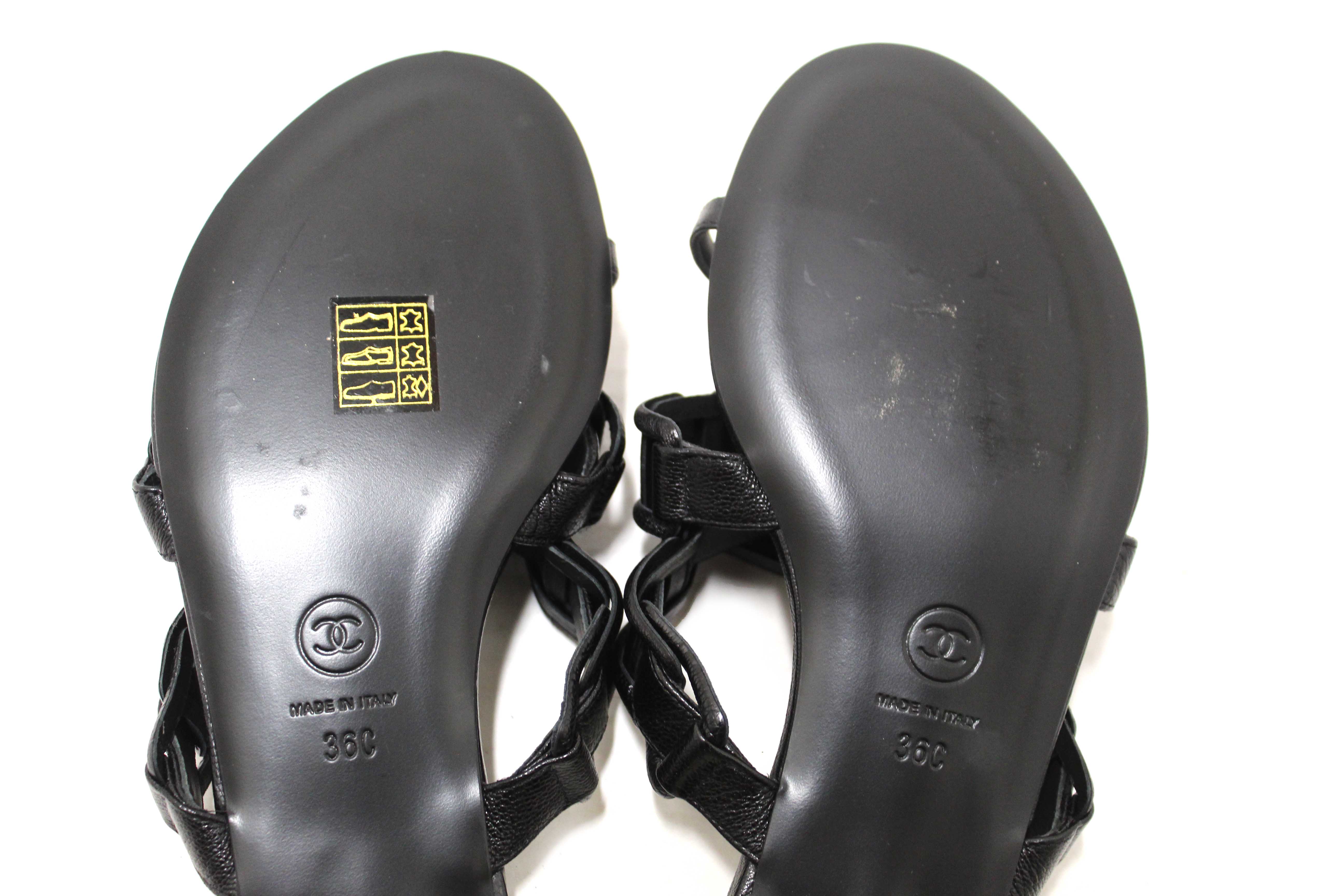 Authentic Chanel Black Leather Quilted Toe Flat Sandal Size 36