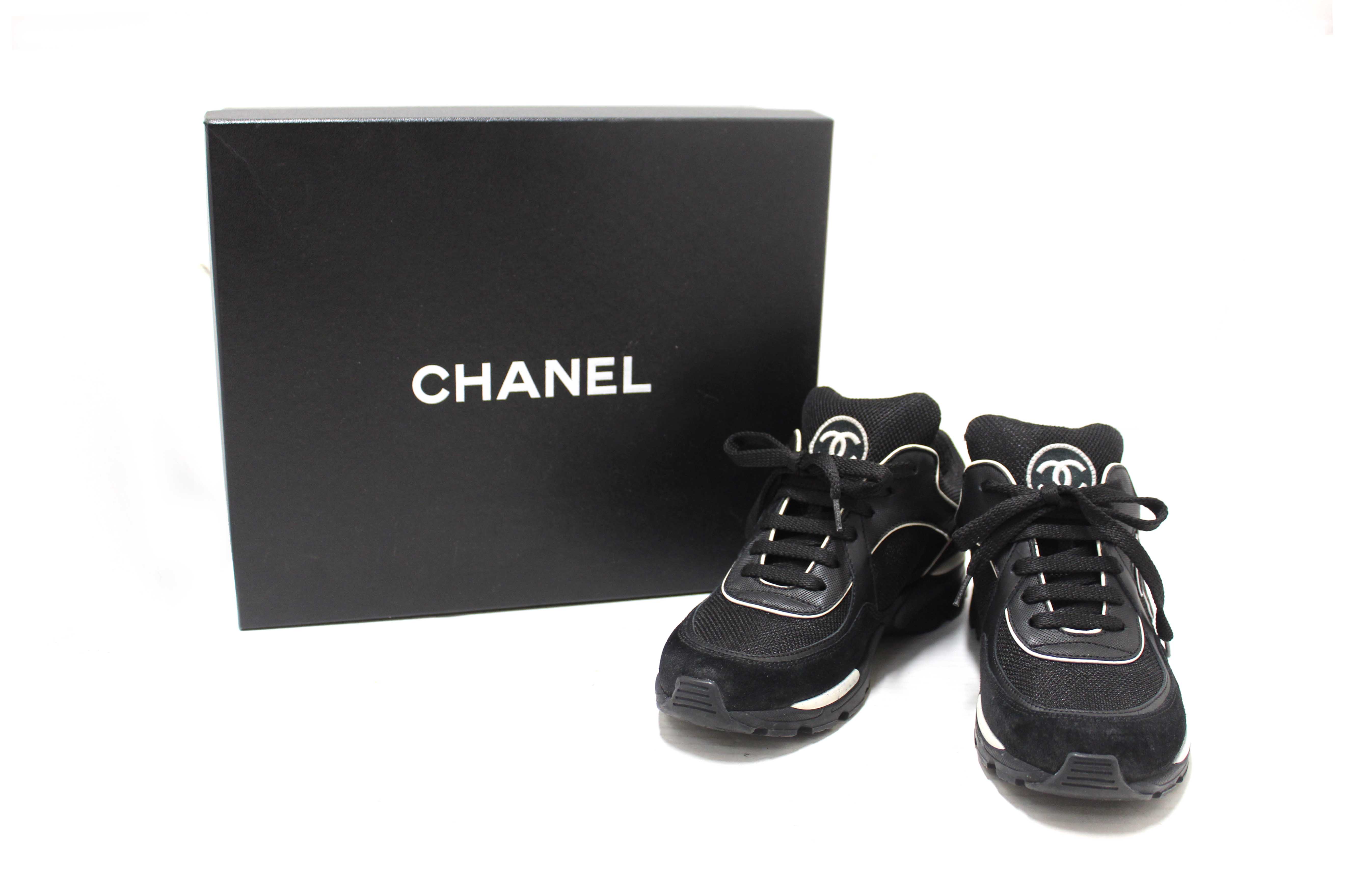 Authentic Chanel Black Suede Leather Calfskin CC Sneakers Size 36