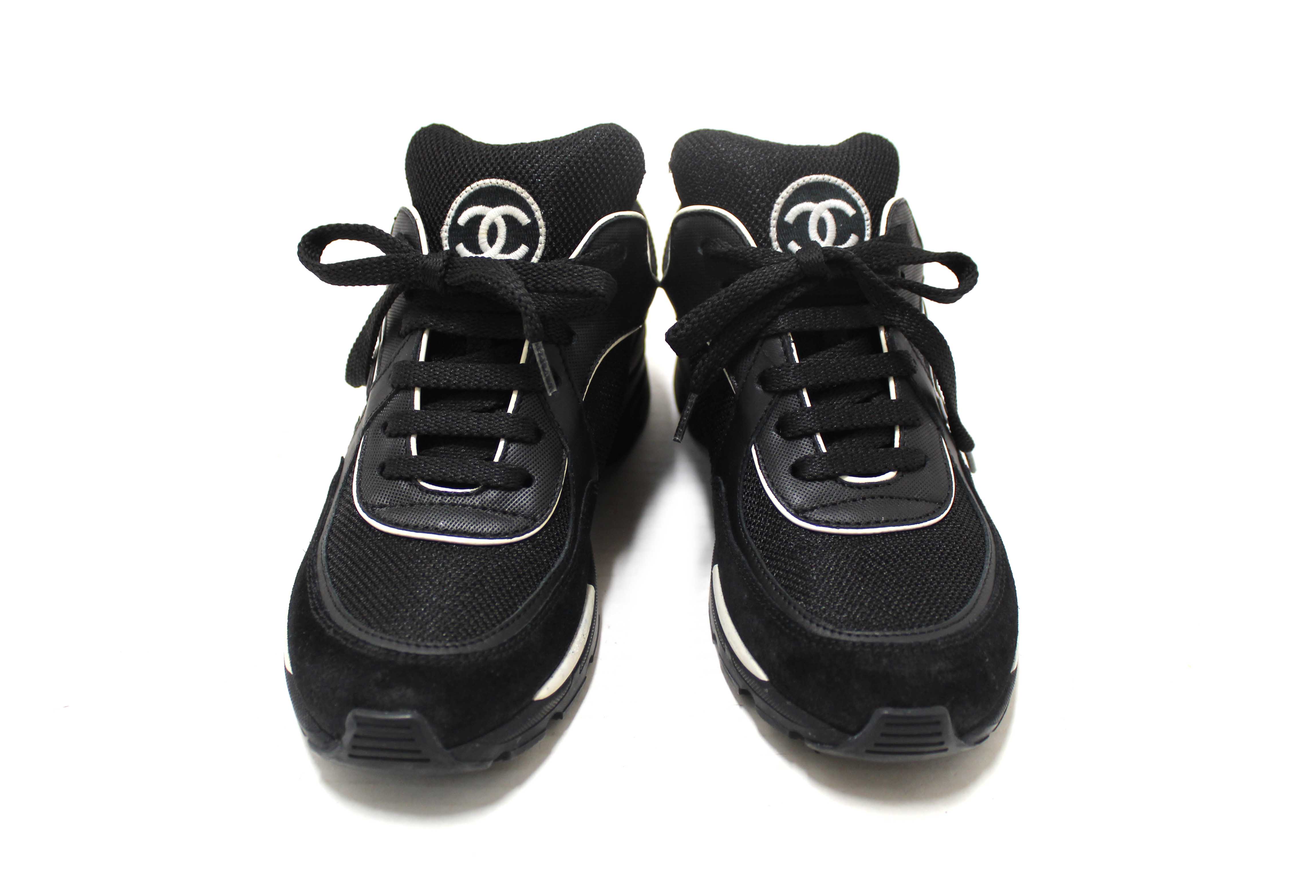 Authentic Chanel Black Suede Leather Calfskin CC Sneakers Size 36