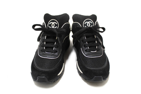 Authentic Chanel Black Suede Leather Calfskin CC Sneakers Size 36