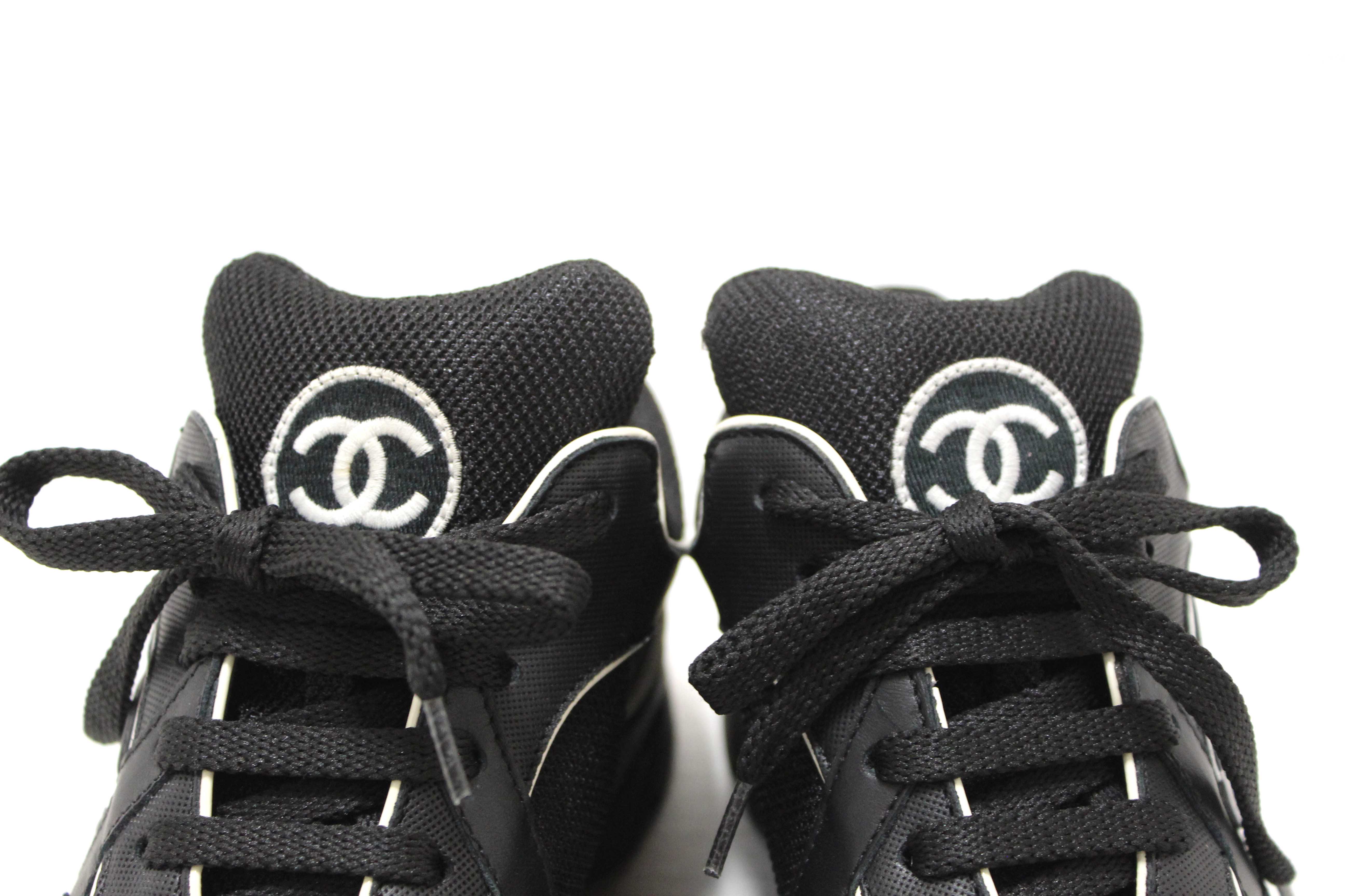 Authentic Chanel Black Suede Leather Calfskin CC Sneakers Size 36