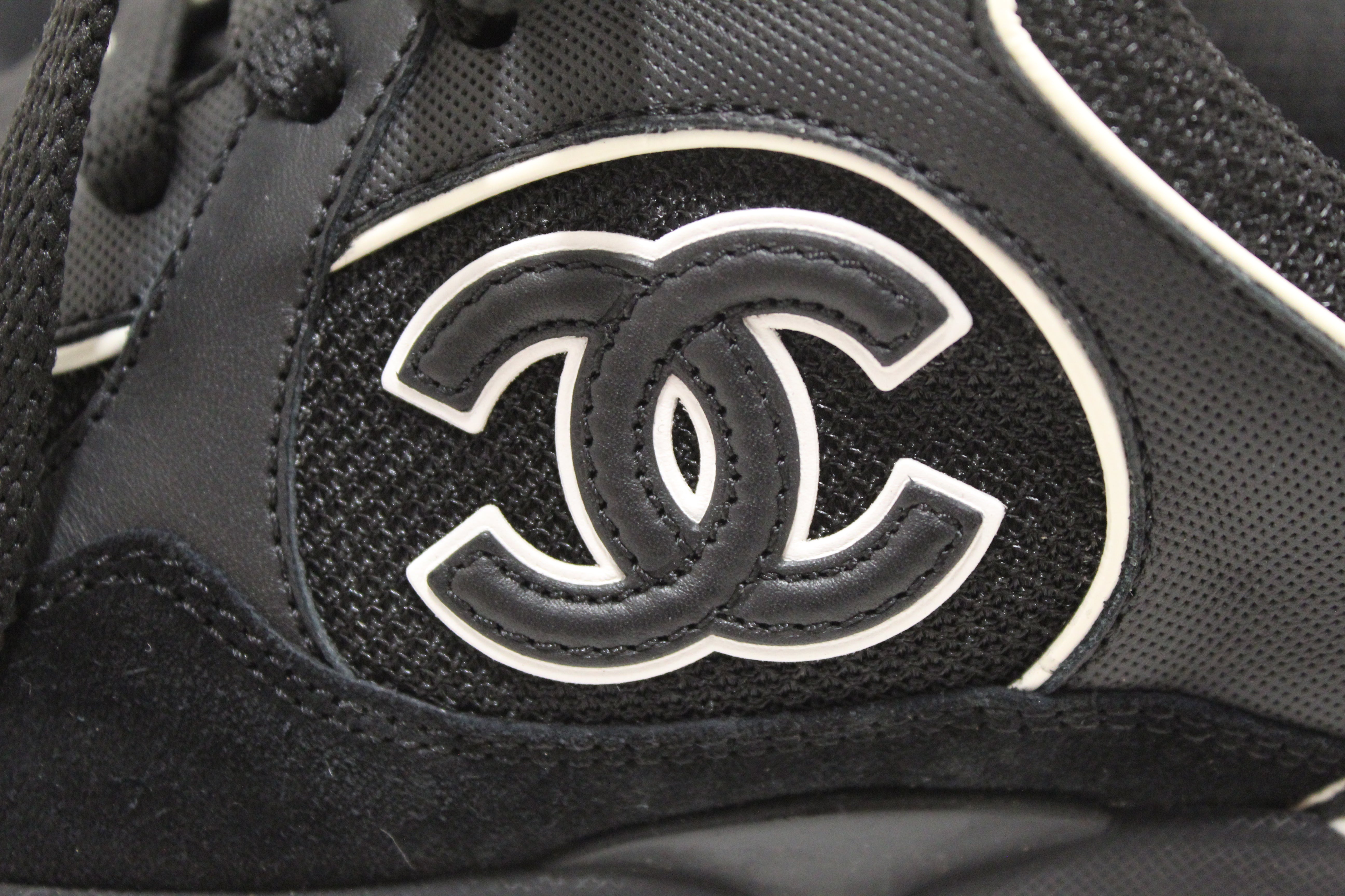 Authentic Chanel Black Suede Leather Calfskin CC Sneakers Size 36