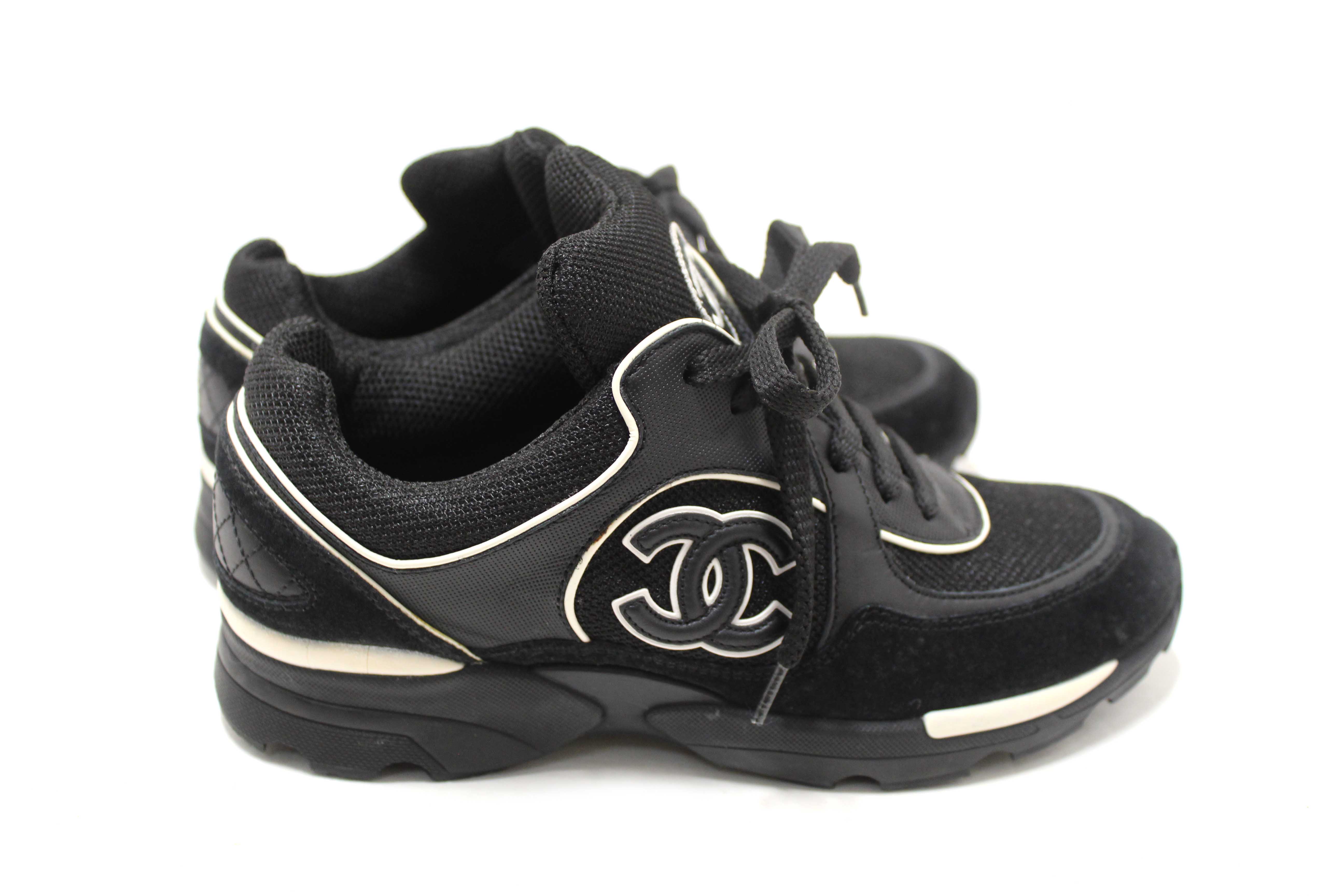 Authentic Chanel Black Suede Leather Calfskin CC Sneakers Size 36