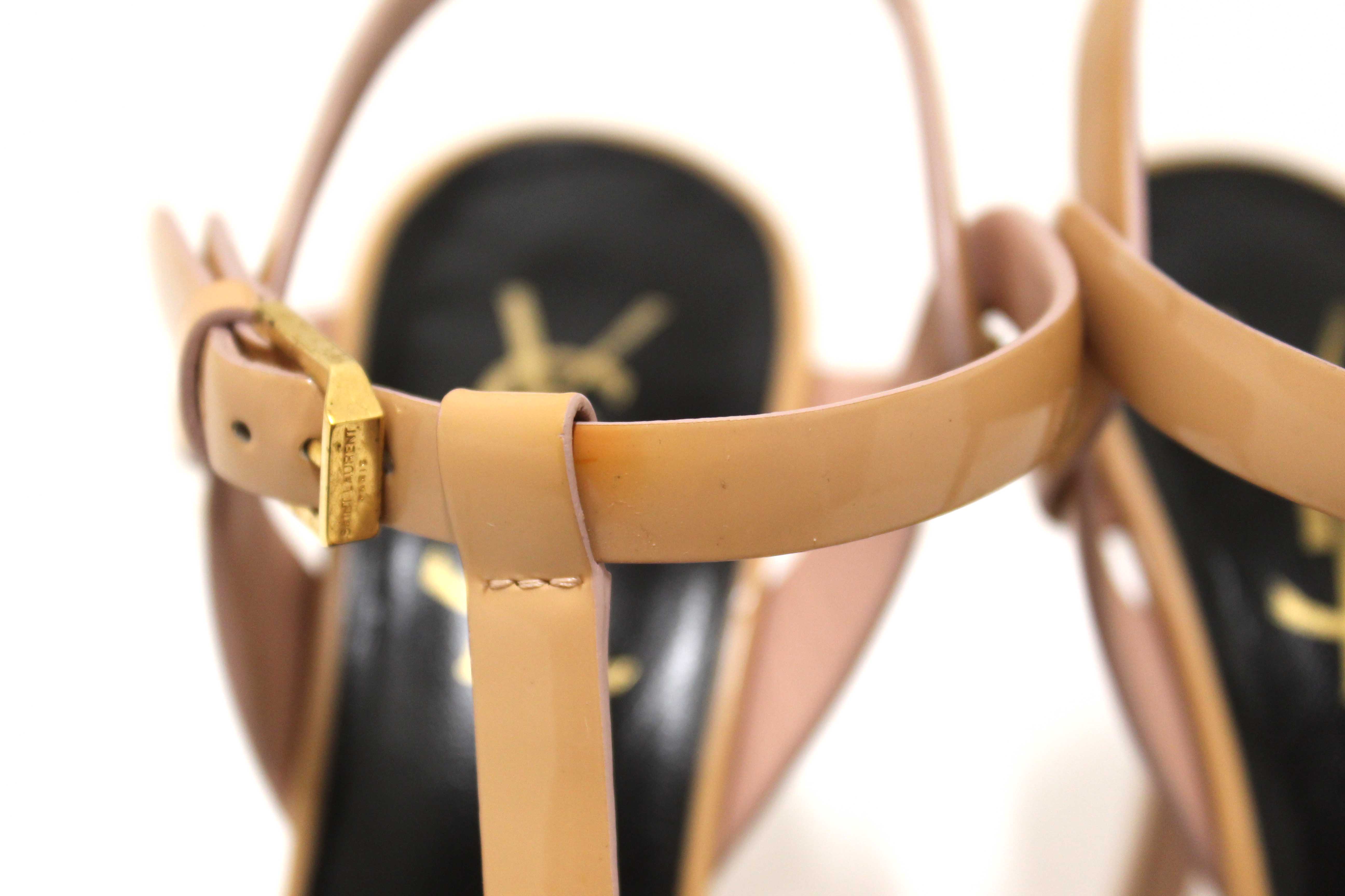 Authentic Yves Saint Laurent YSL Beige Patent Leather Tribute Platform Sandals Size 34