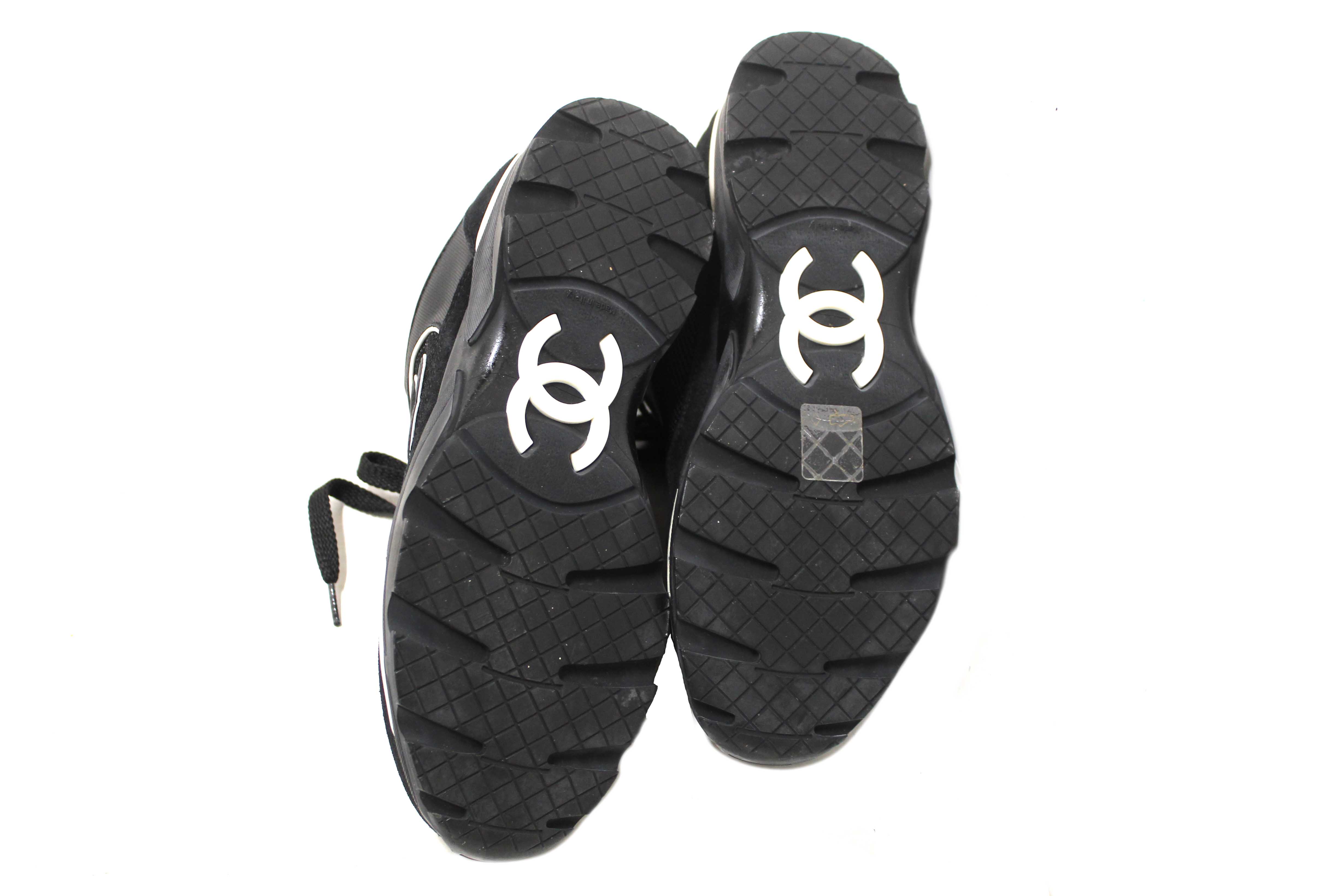 Authentic Chanel Black Suede Leather Calfskin CC Sneakers Size 36