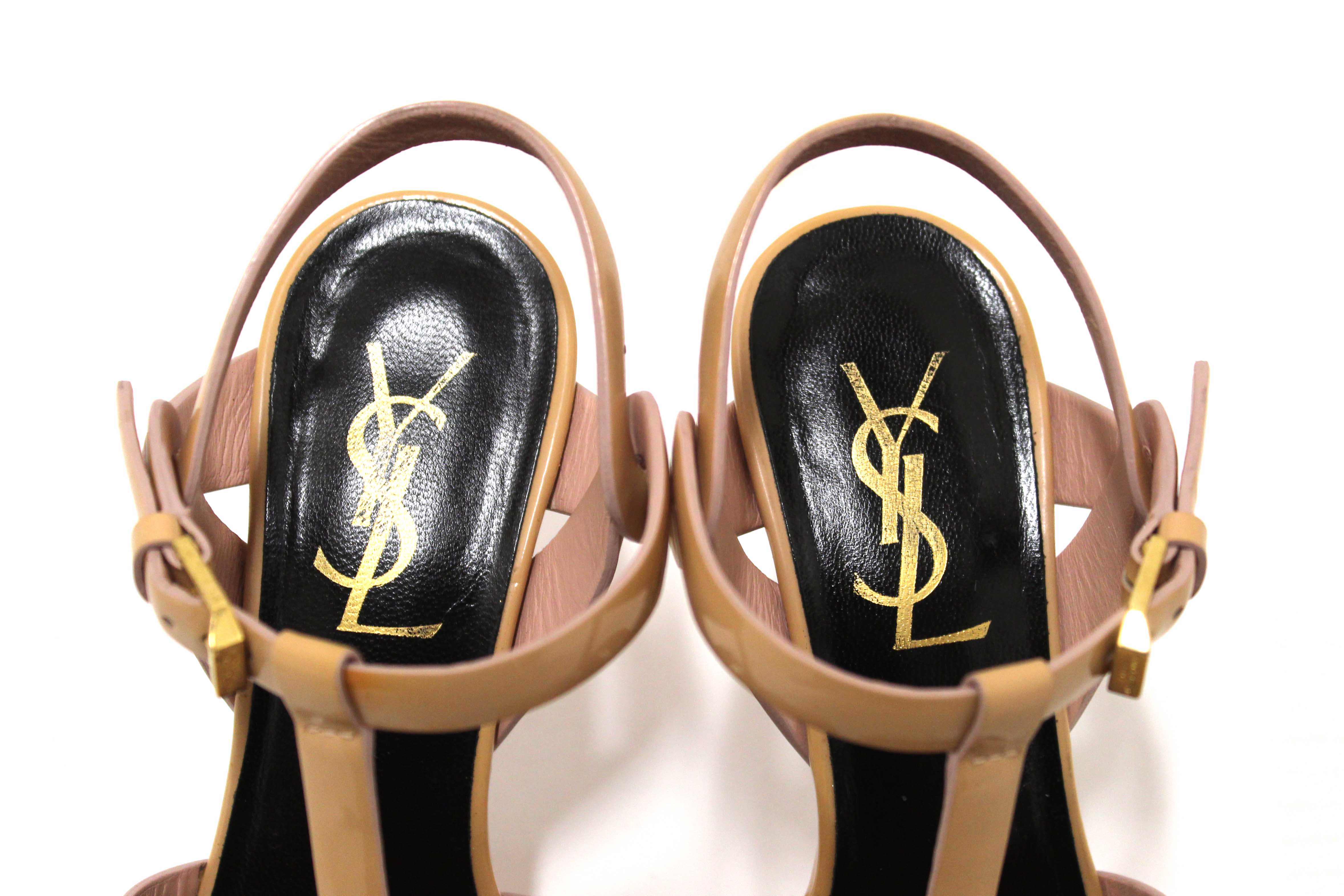 Authentic Yves Saint Laurent YSL Beige Patent Leather Tribute Platform Sandals Size 34