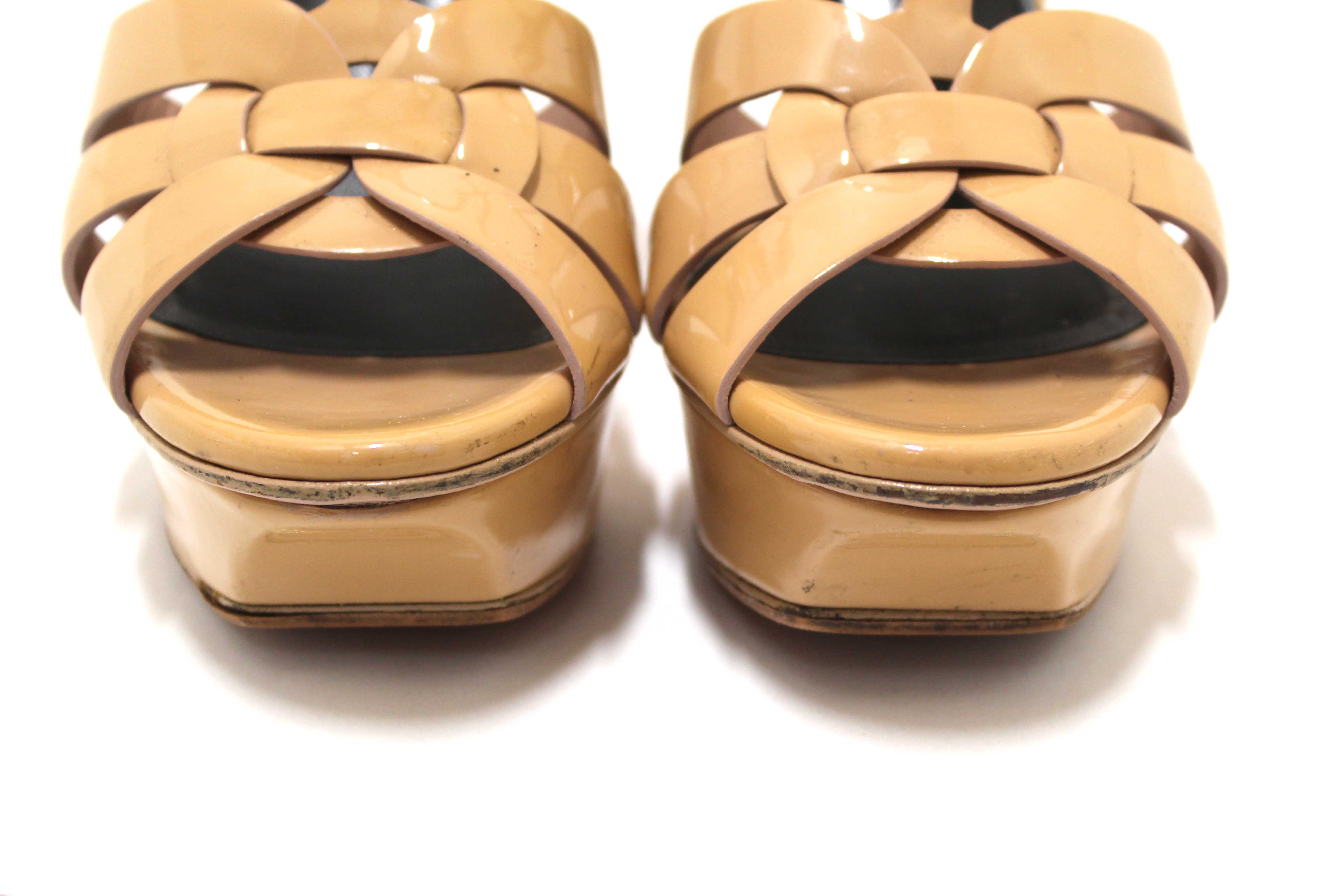 Authentic Yves Saint Laurent YSL Beige Patent Leather Tribute Platform Sandals Size 34