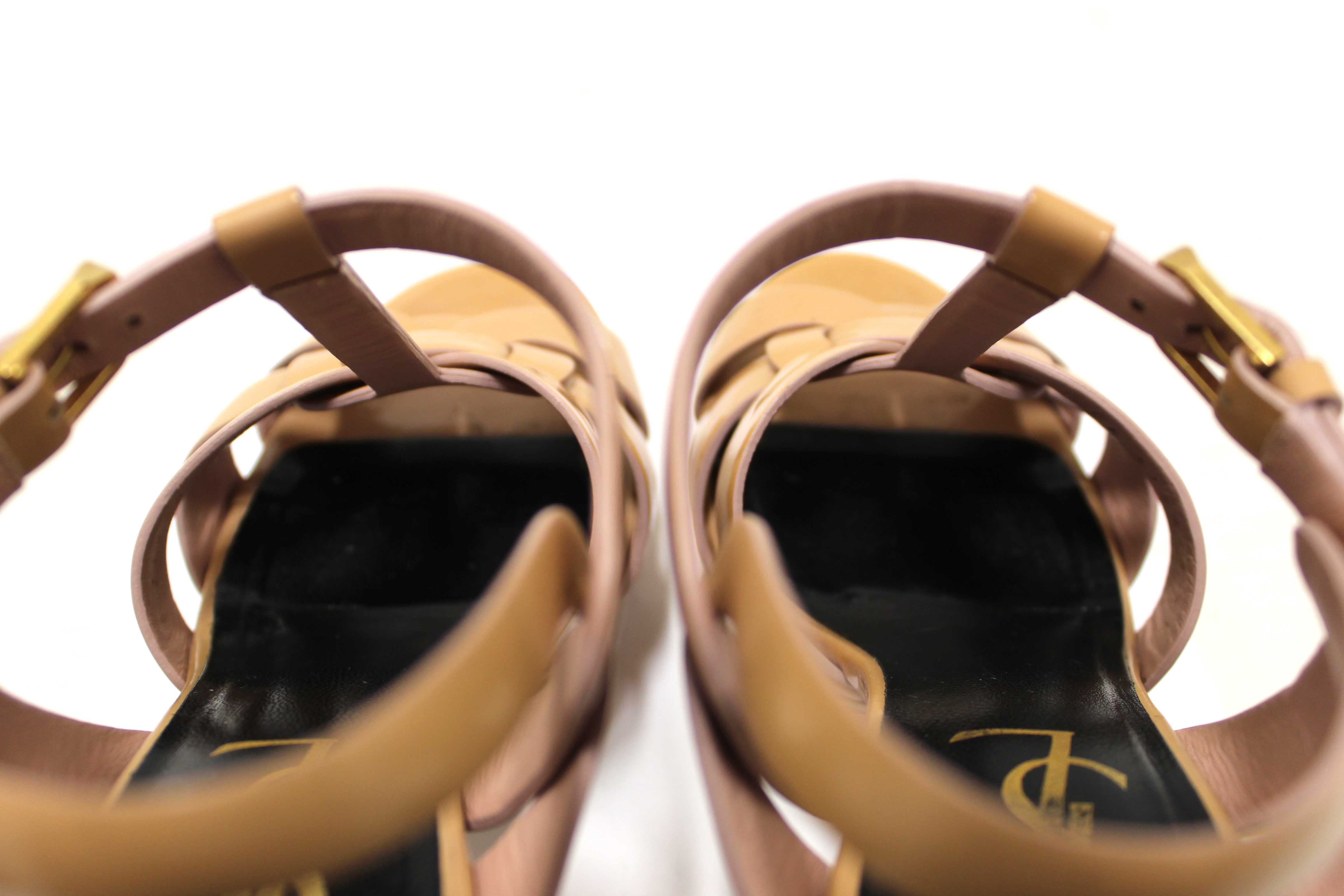 Authentic Yves Saint Laurent YSL Beige Patent Leather Tribute Platform Sandals Size 34