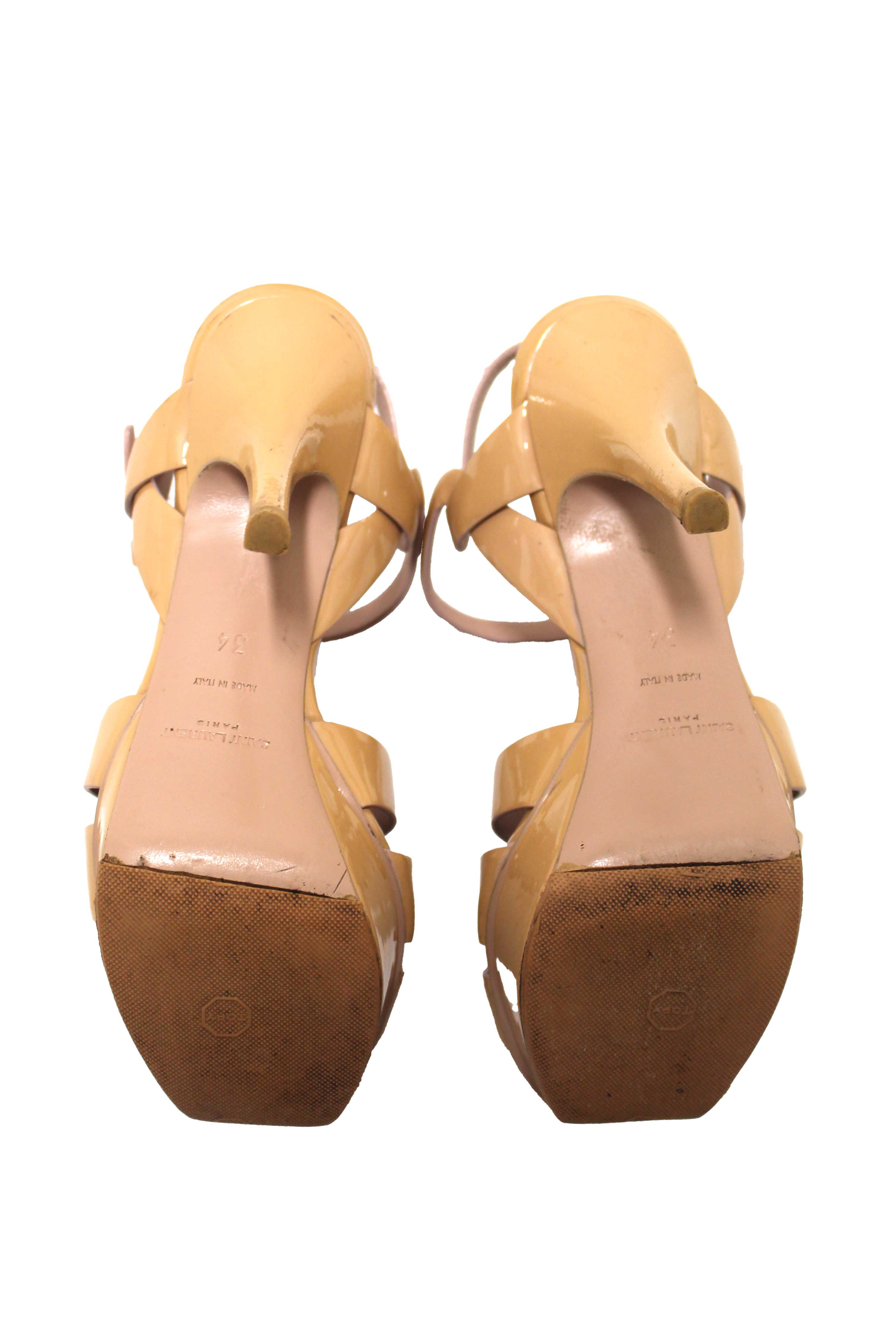Authentic Yves Saint Laurent YSL Beige Patent Leather Tribute Platform Sandals Size 34