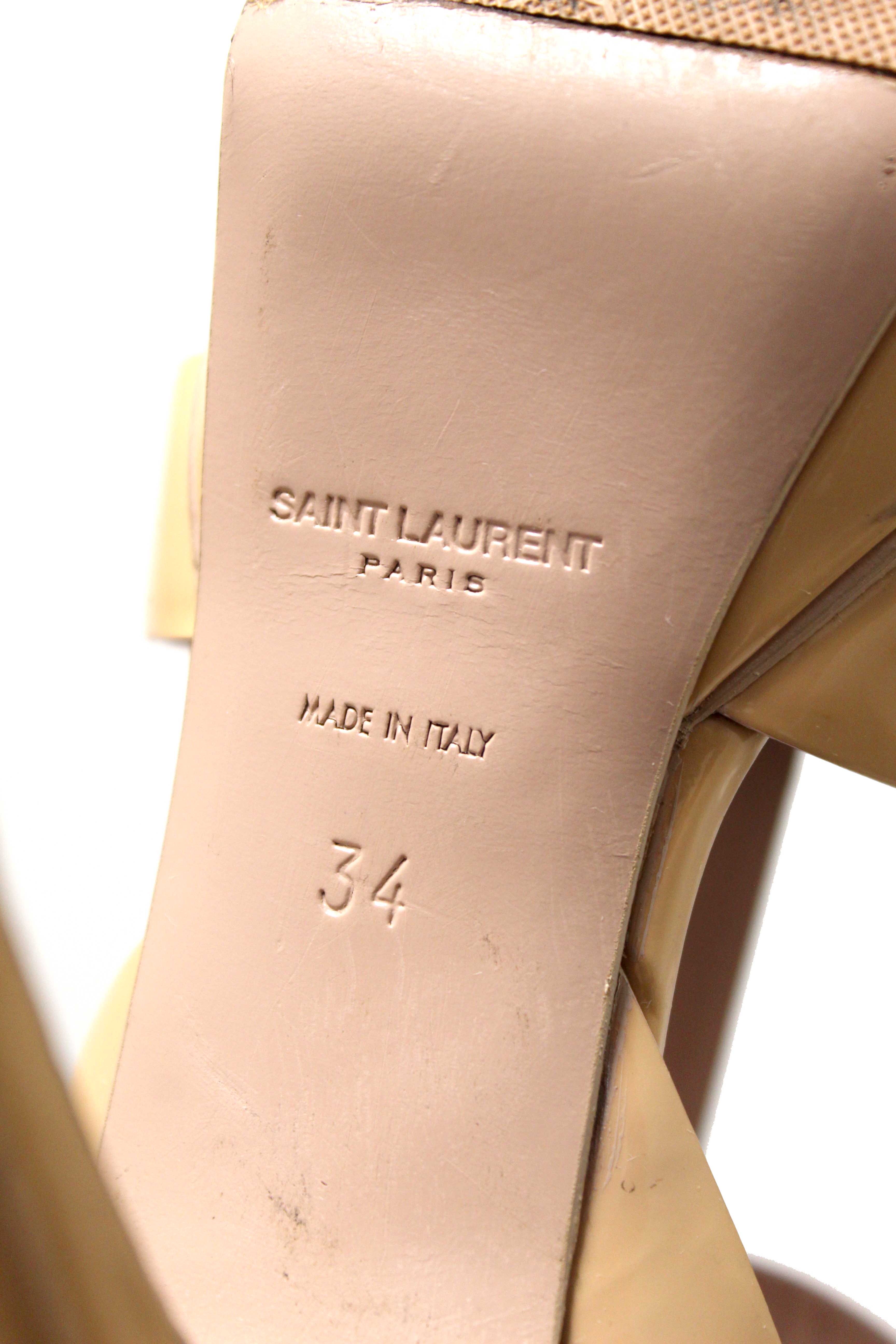 Authentic Yves Saint Laurent YSL Beige Patent Leather Tribute Platform Sandals Size 34