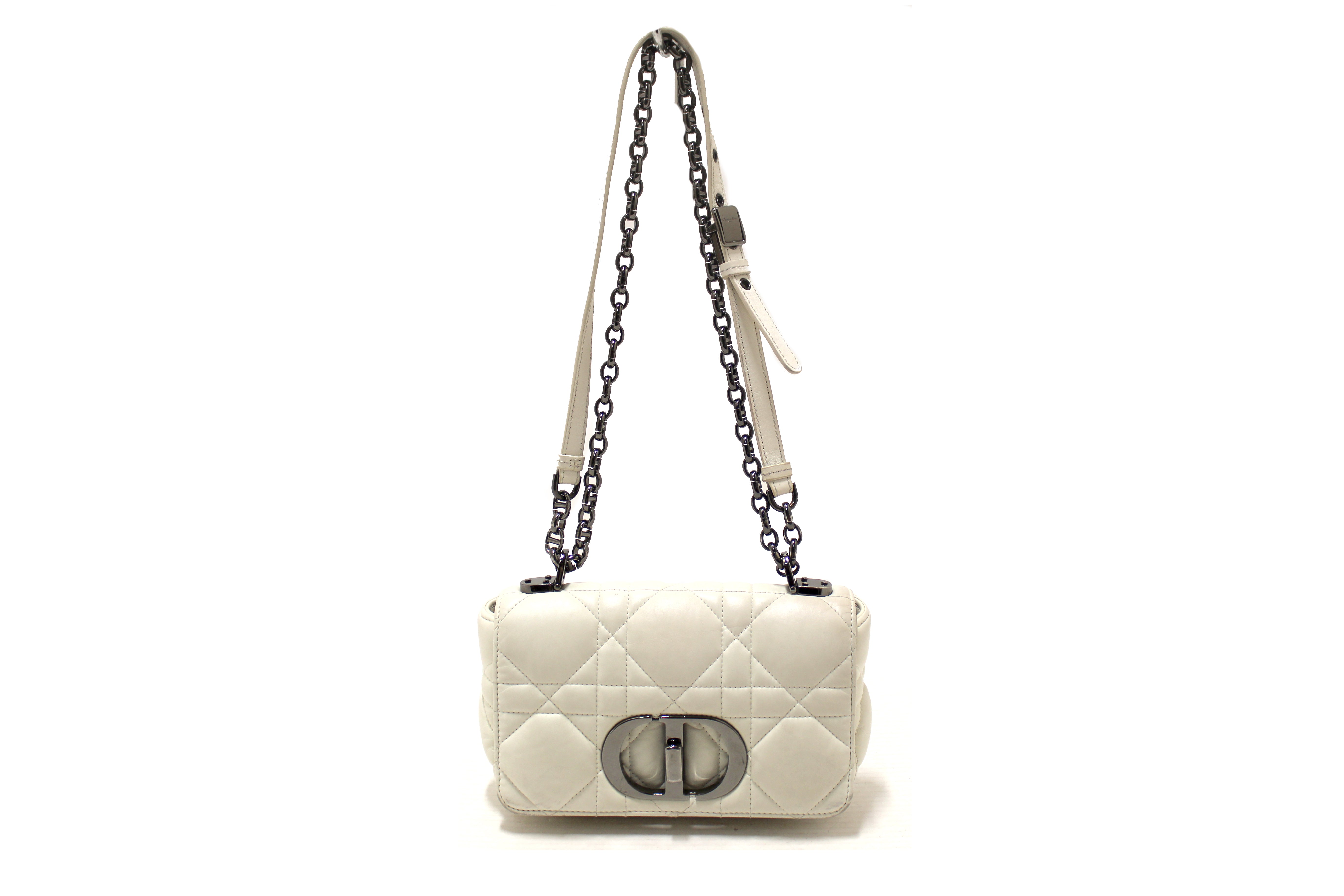 Authentic Christian Dior White Lambskin Leather Small Caro Shoulder Crossbody Bag