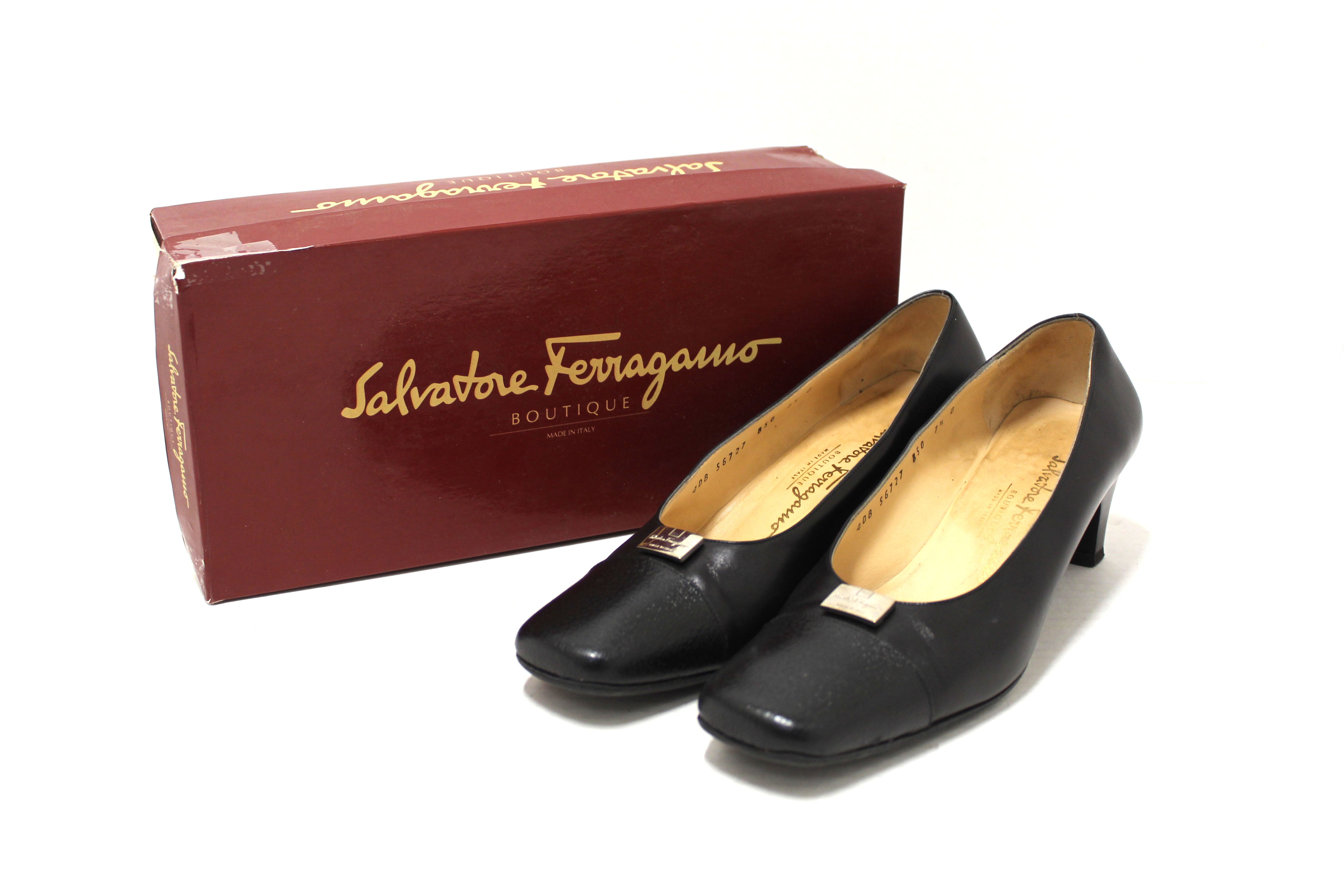 Authentic Salvatore Ferragamo Black Leather Ramila 5cm Pumps Shoes Size 7.5D