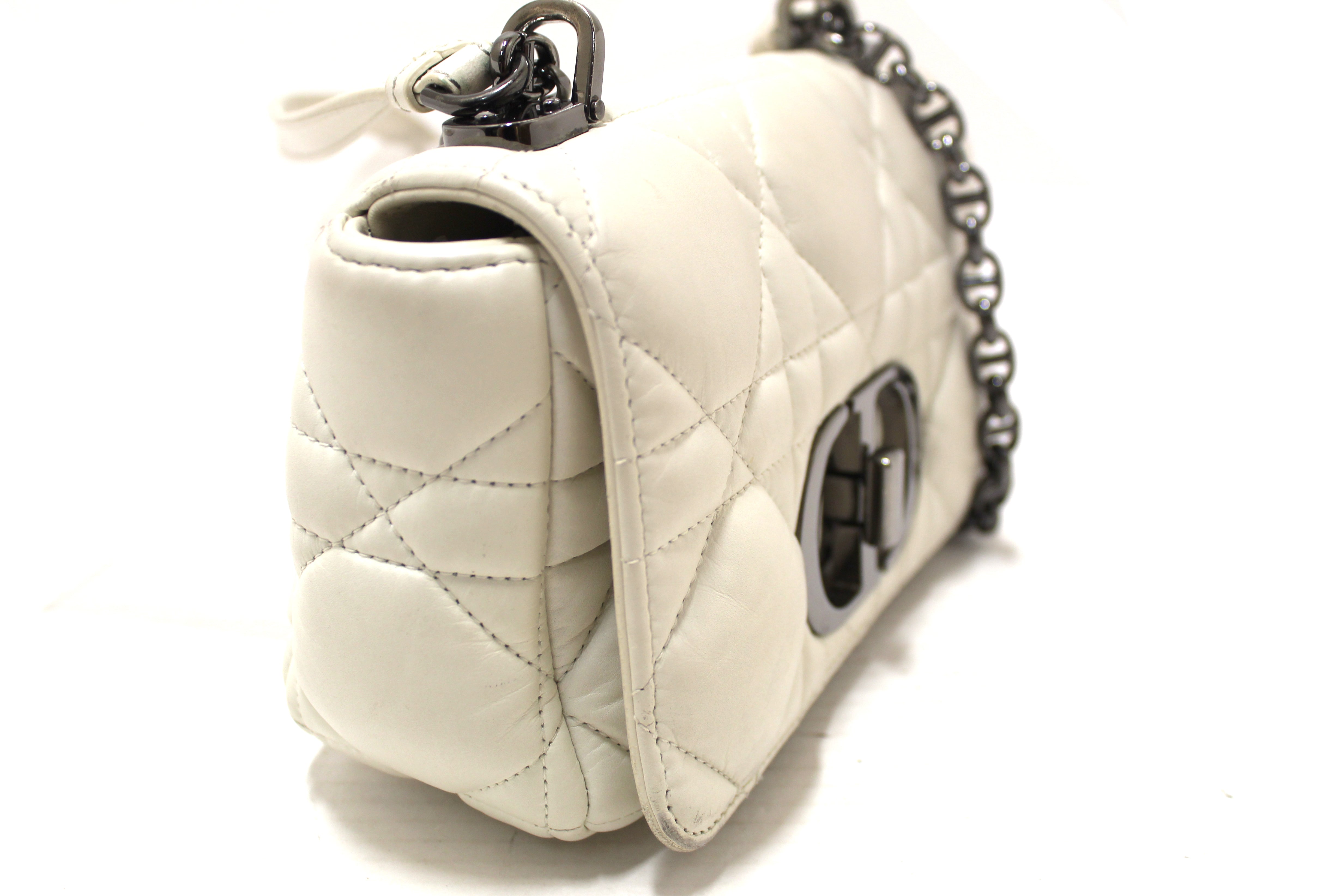 Authentic Christian Dior White Lambskin Leather Small Caro Shoulder Crossbody Bag