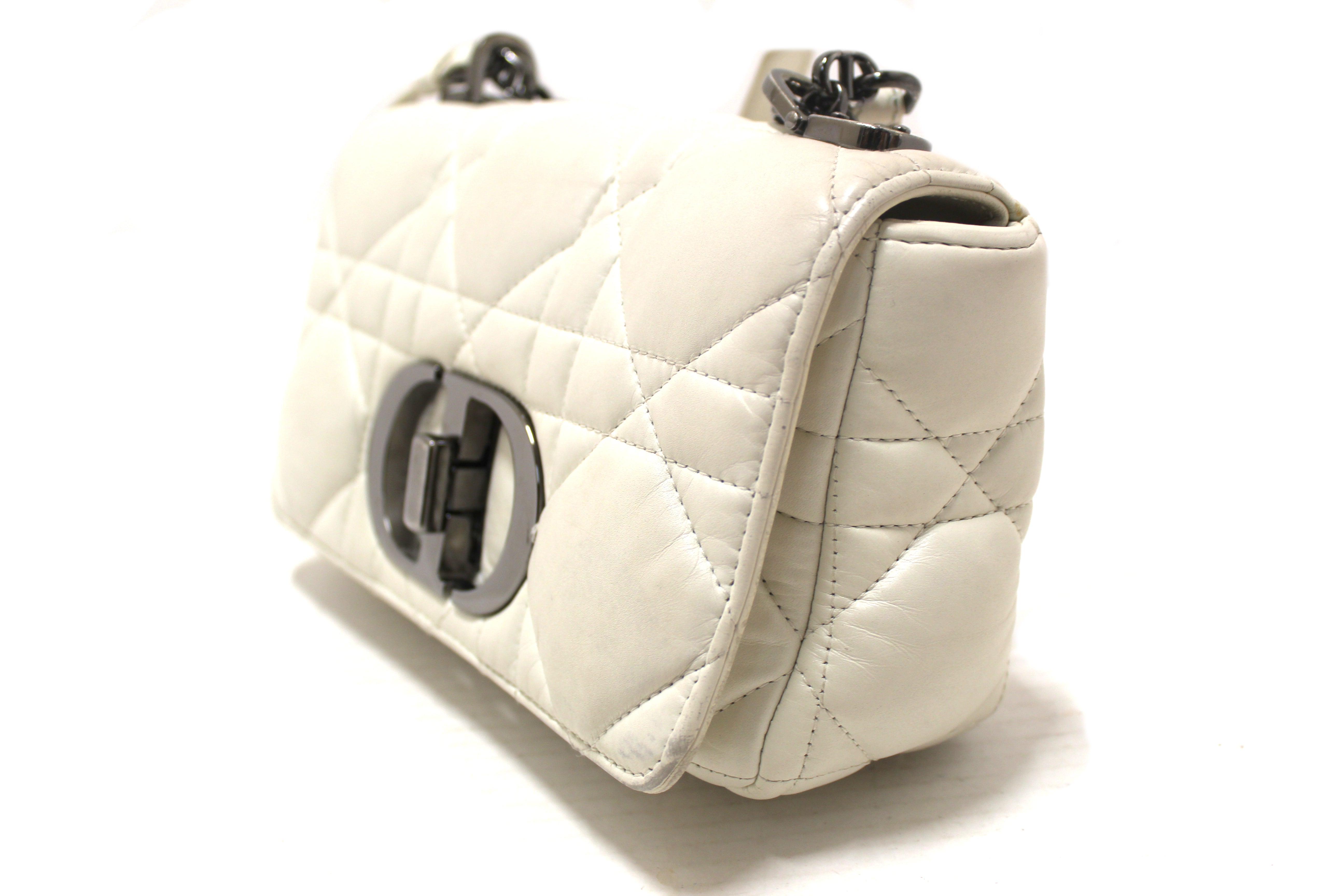 Authentic Christian Dior White Lambskin Leather Small Caro Shoulder Crossbody Bag
