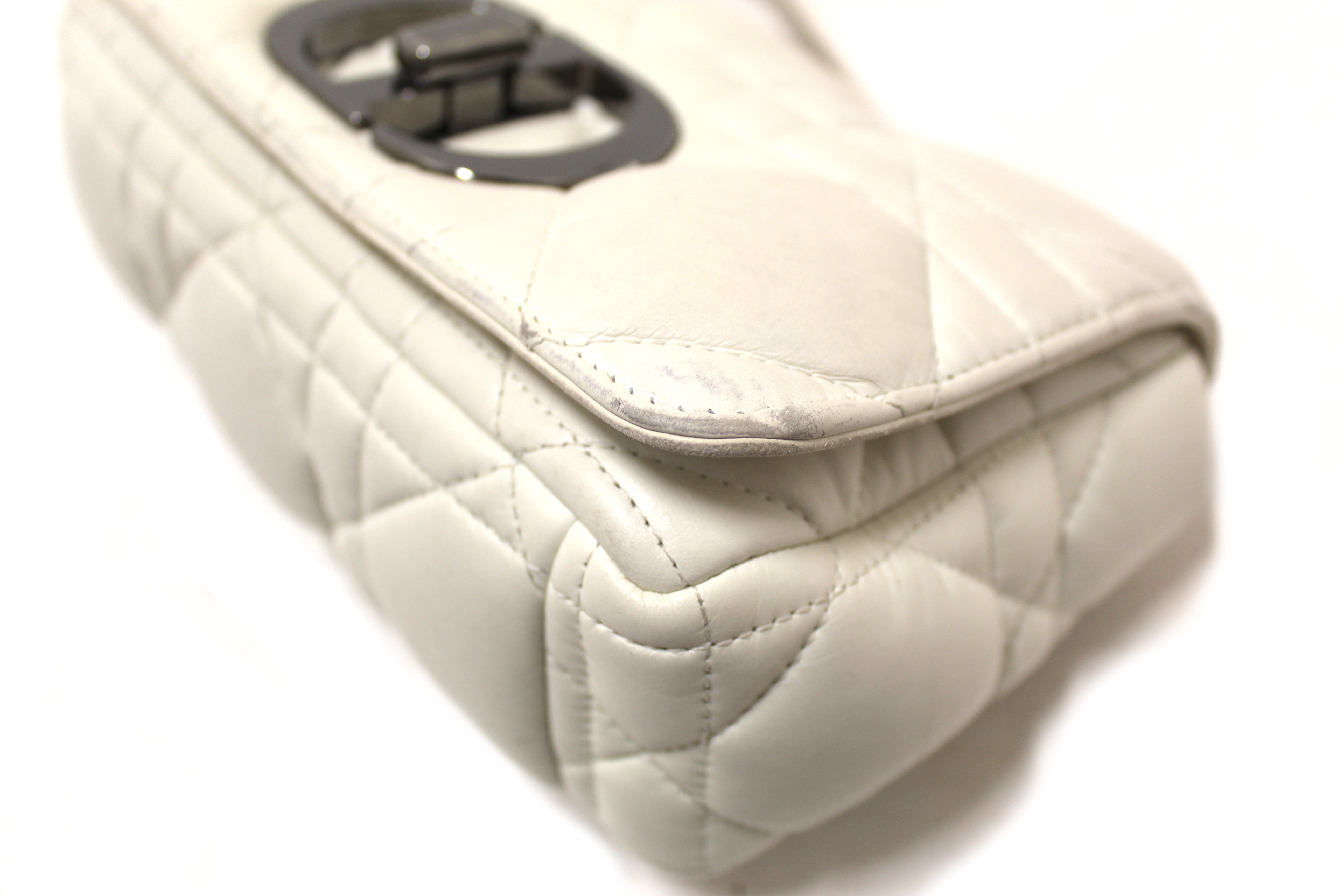 Authentic Christian Dior White Lambskin Leather Small Caro Shoulder Crossbody Bag