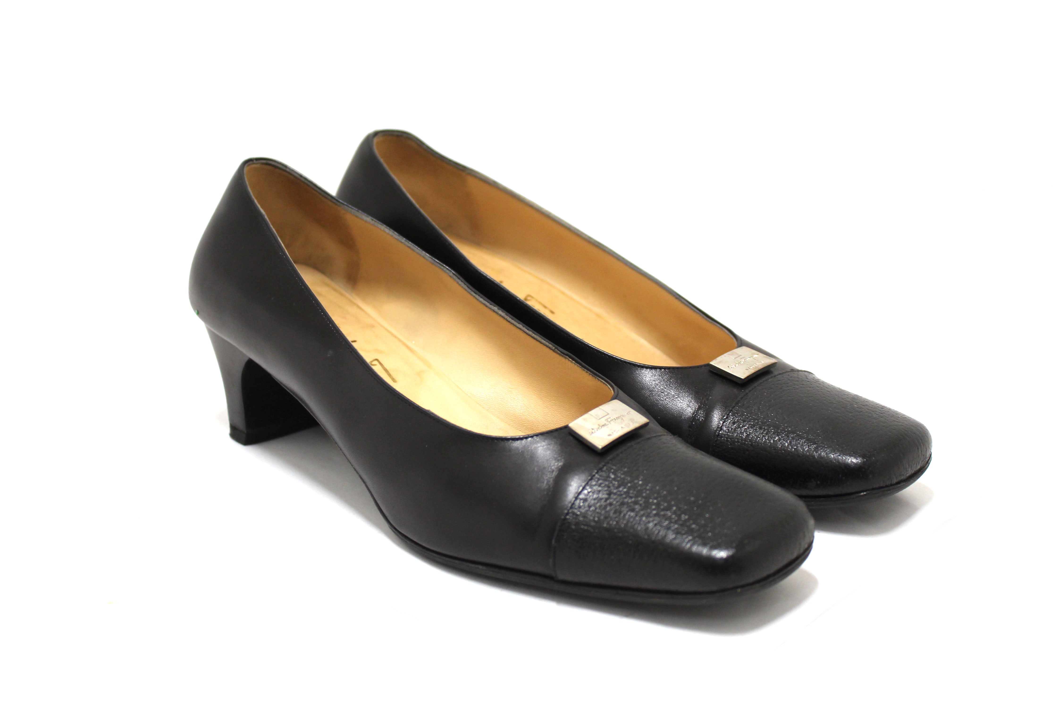 Authentic Salvatore Ferragamo Black Leather Ramila 5cm Pumps Shoes Size 7.5D