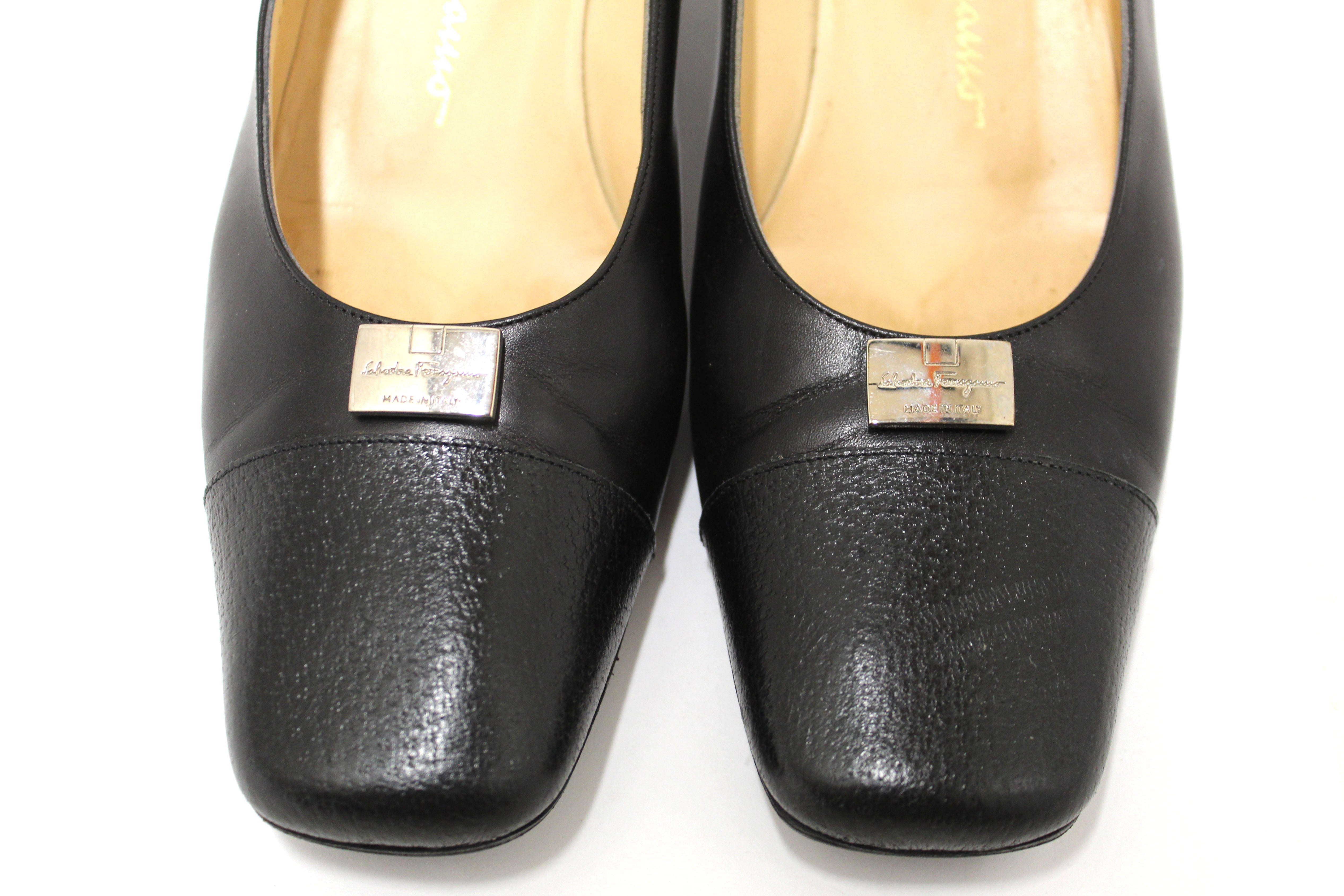 Authentic Salvatore Ferragamo Black Leather Ramila 5cm Pumps Shoes Size 7.5D