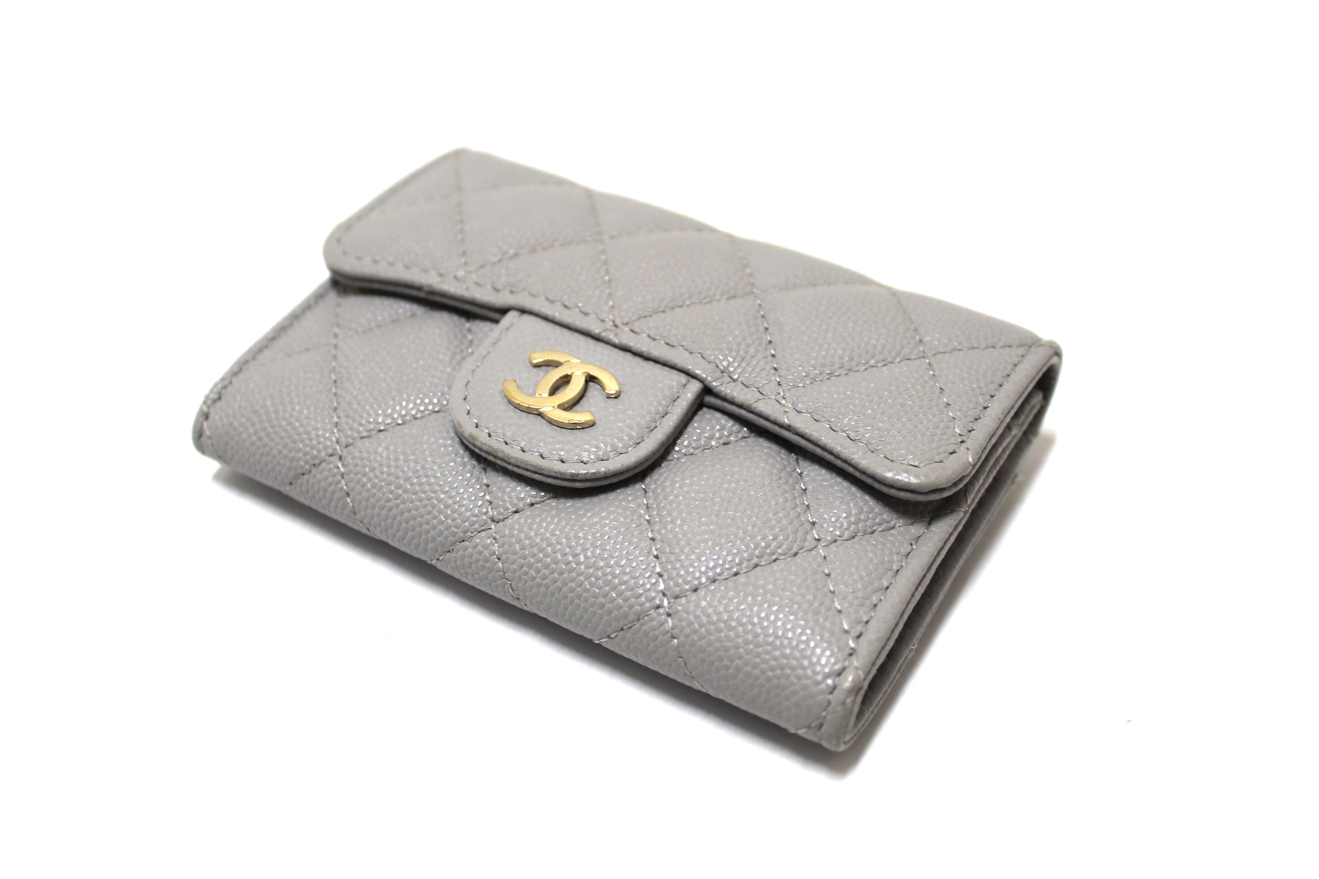 Authentic Chanel Grey Caviar Quilted Leather CC Flap Card Holder