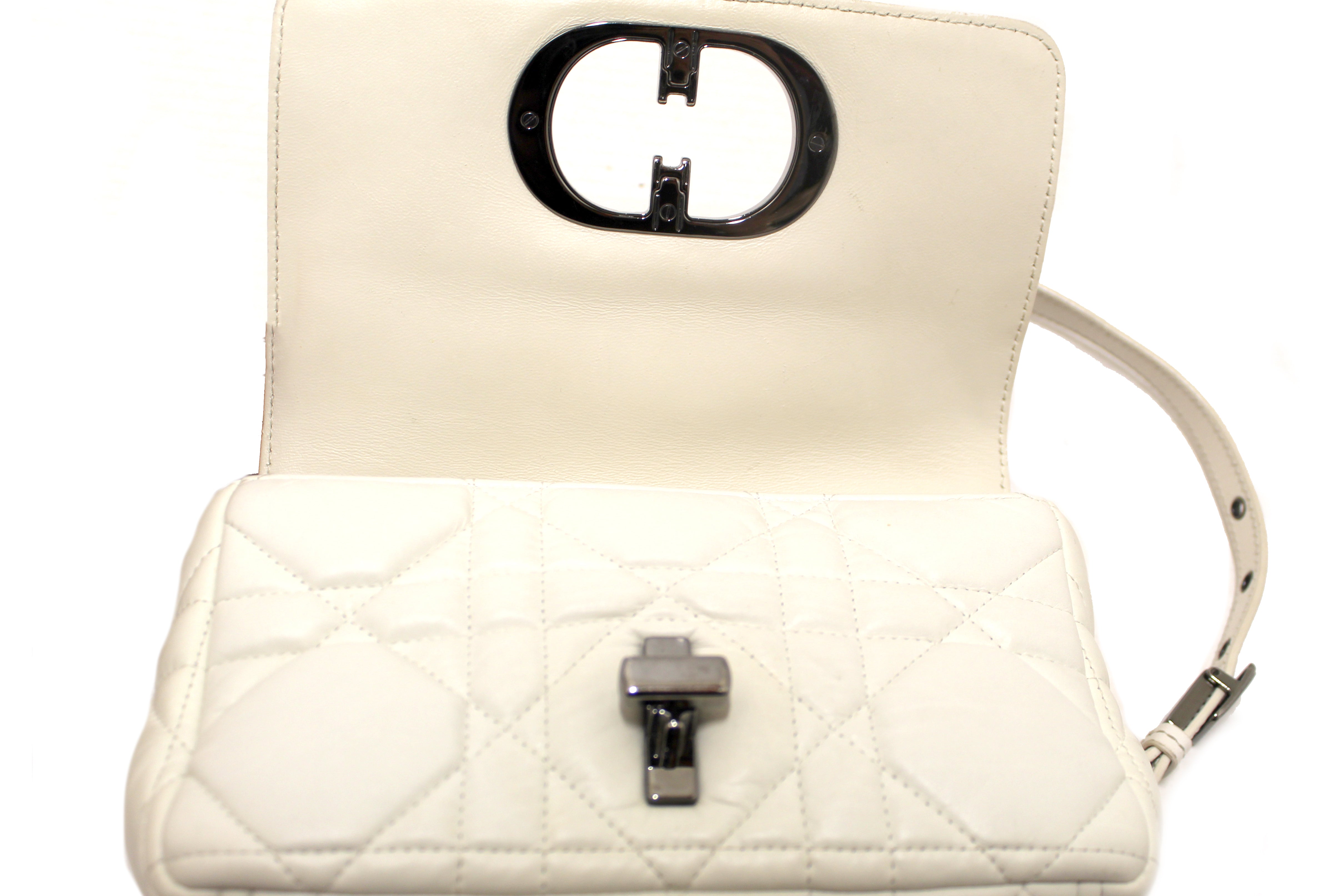 Authentic Christian Dior White Lambskin Leather Small Caro Shoulder Crossbody Bag