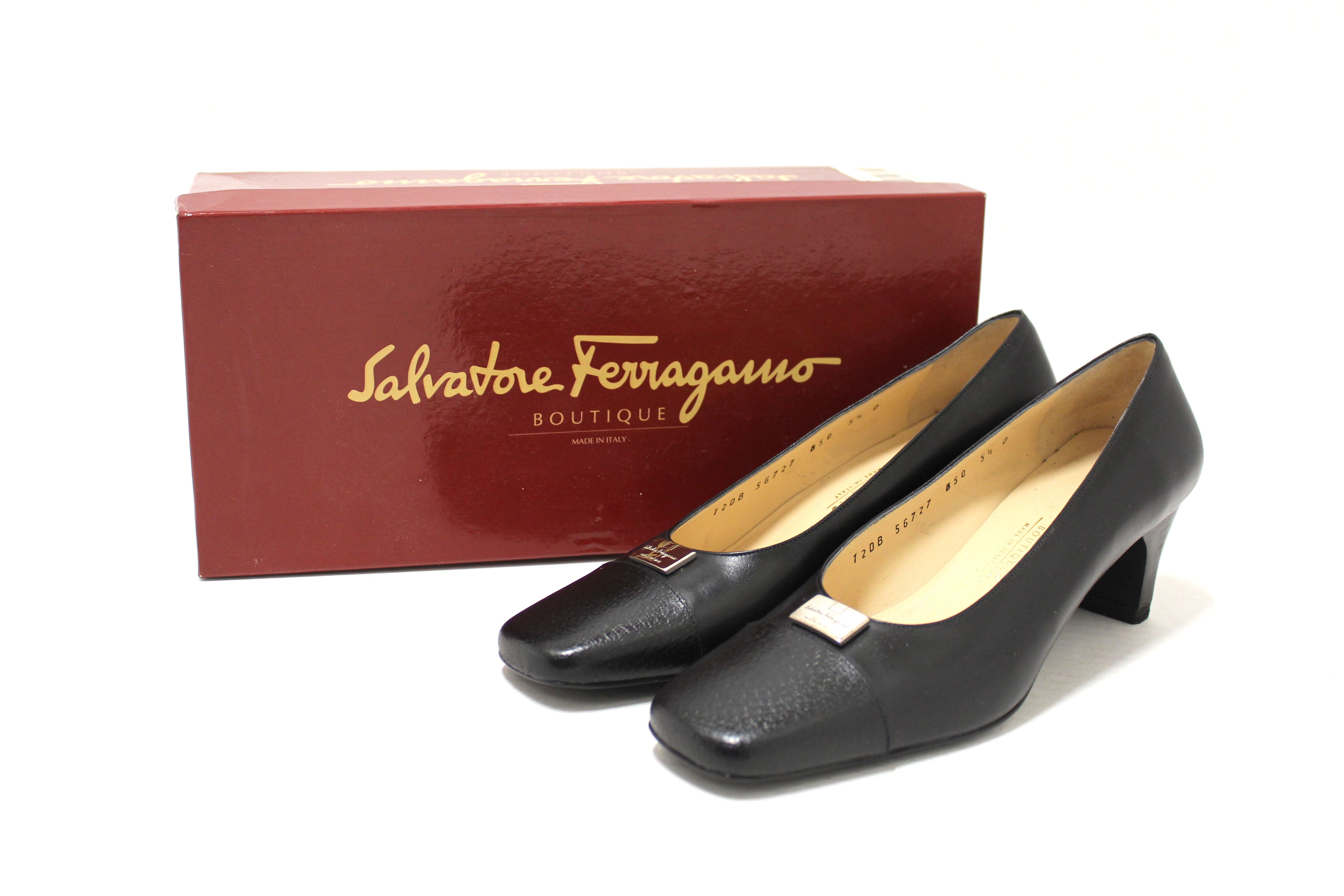 Authentic Salvatore Ferragamo Black Leather Ramila 5cm Pumps Shoes Size 5.5D