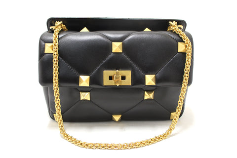 Authentic NEW Valentino Garavani Large Roman Stud Black Nappa Leather Shoulder Bag