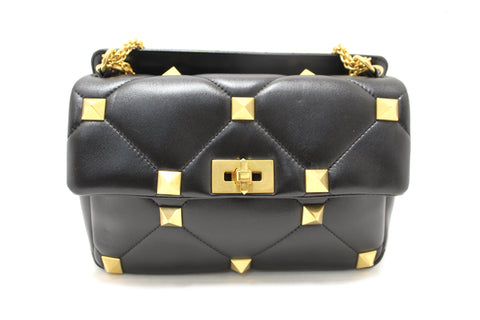 Authentic NEW Valentino Garavani Large Roman Stud Black Nappa Leather Shoulder Bag