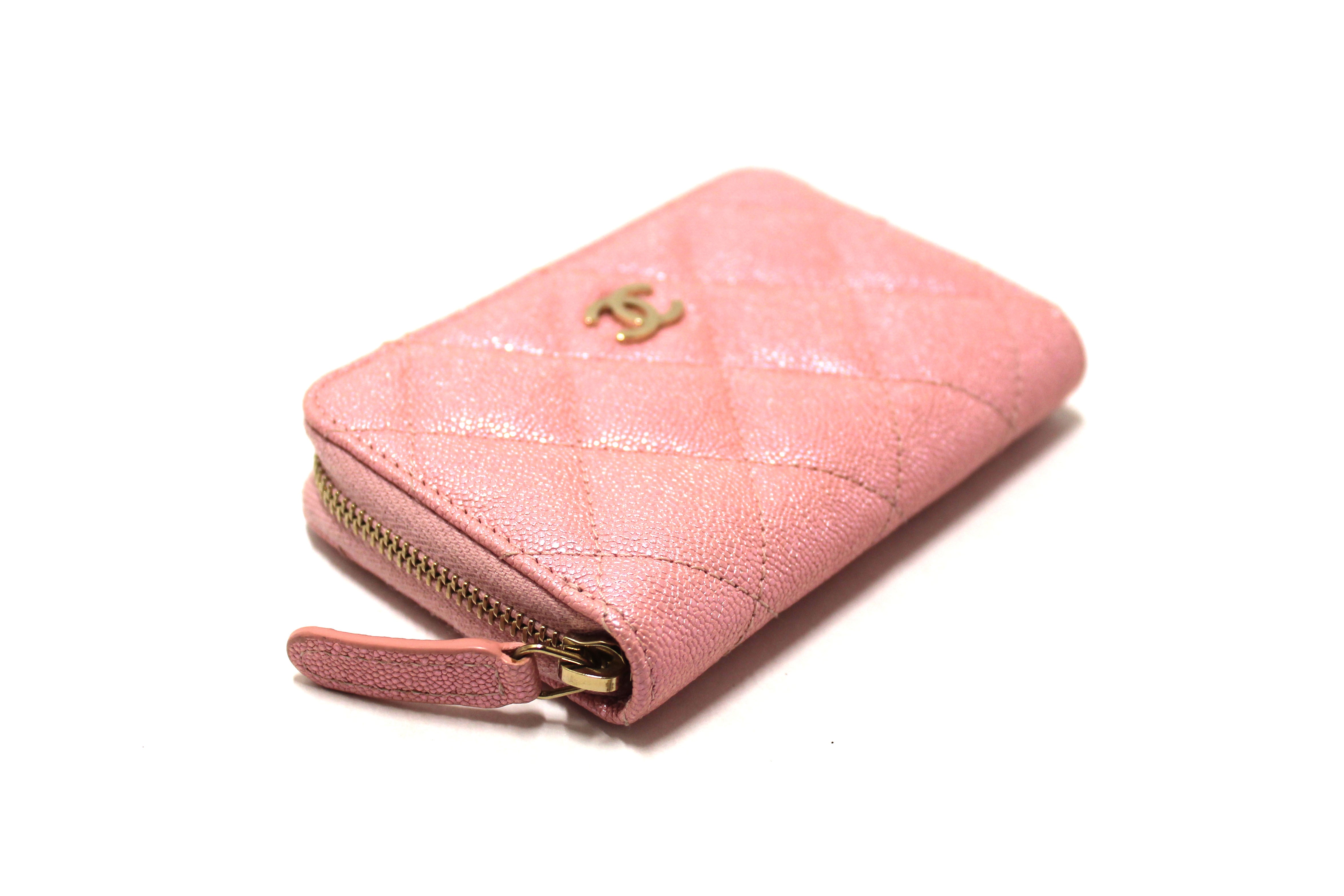 Authentic Chanel Iridescent Rose Pink Quilted Caviar Leather Classic Zipped Coin Purse