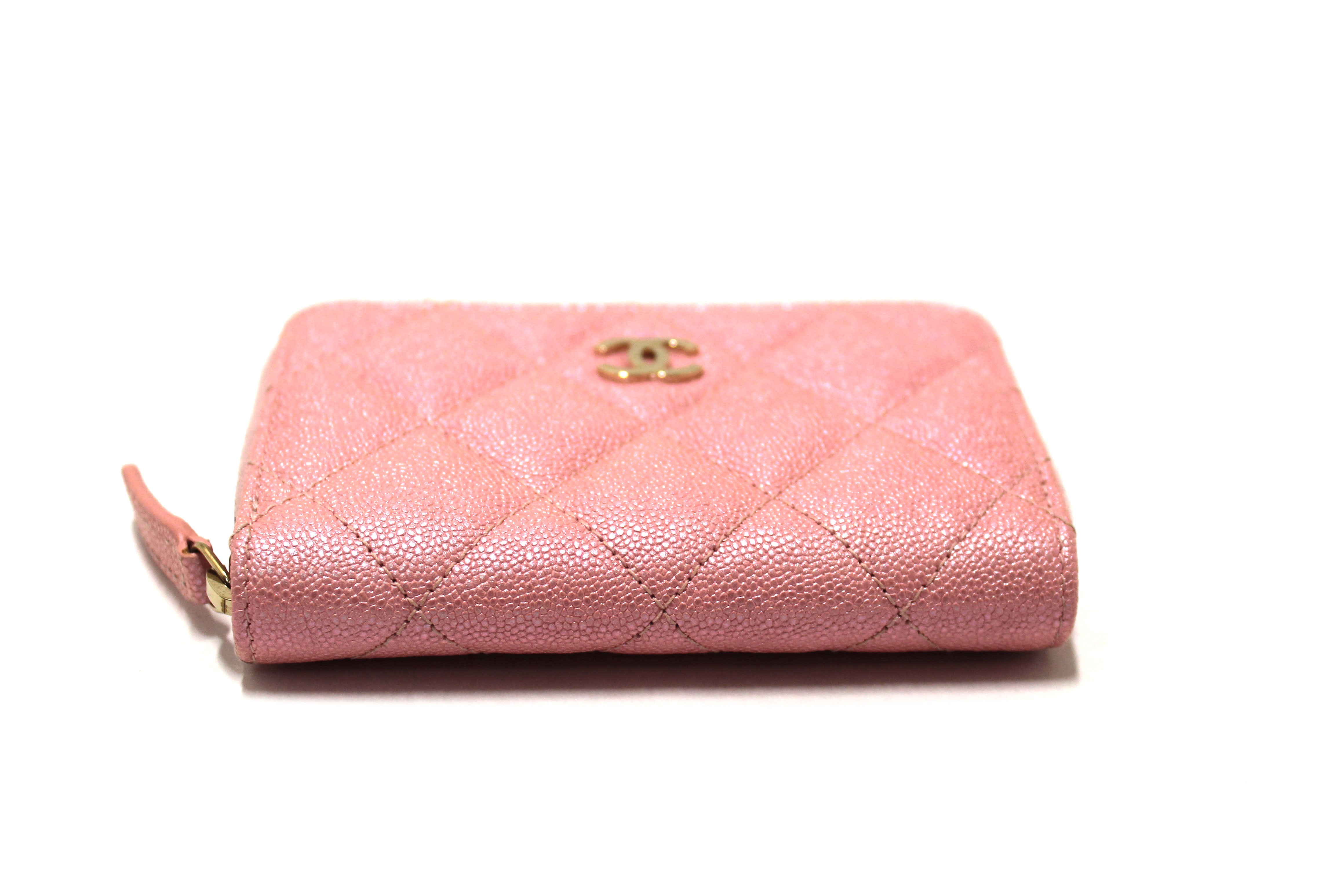 Authentic Chanel Iridescent Rose Pink Quilted Caviar Leather Classic Zipped Coin Purse