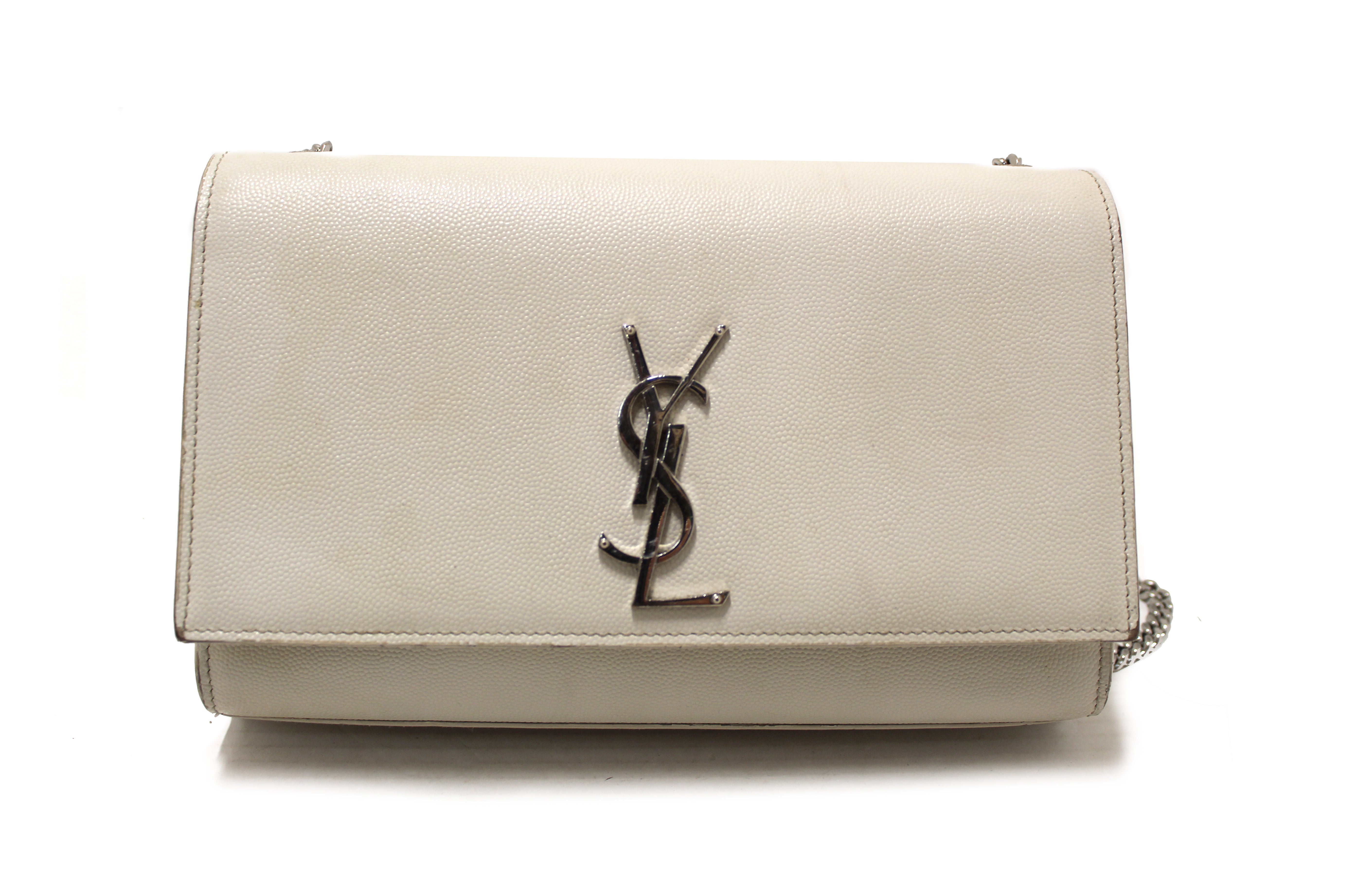 Authentic Yves Saint Laurent YSL Beige Leather Kate Flap Wallet On Chain/Clutch Bag