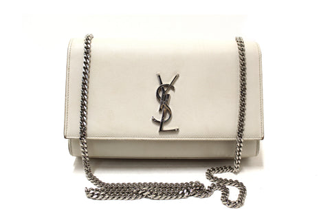 Authentic Yves Saint Laurent YSL Beige Leather Kate Flap Wallet On Chain/Clutch Bag