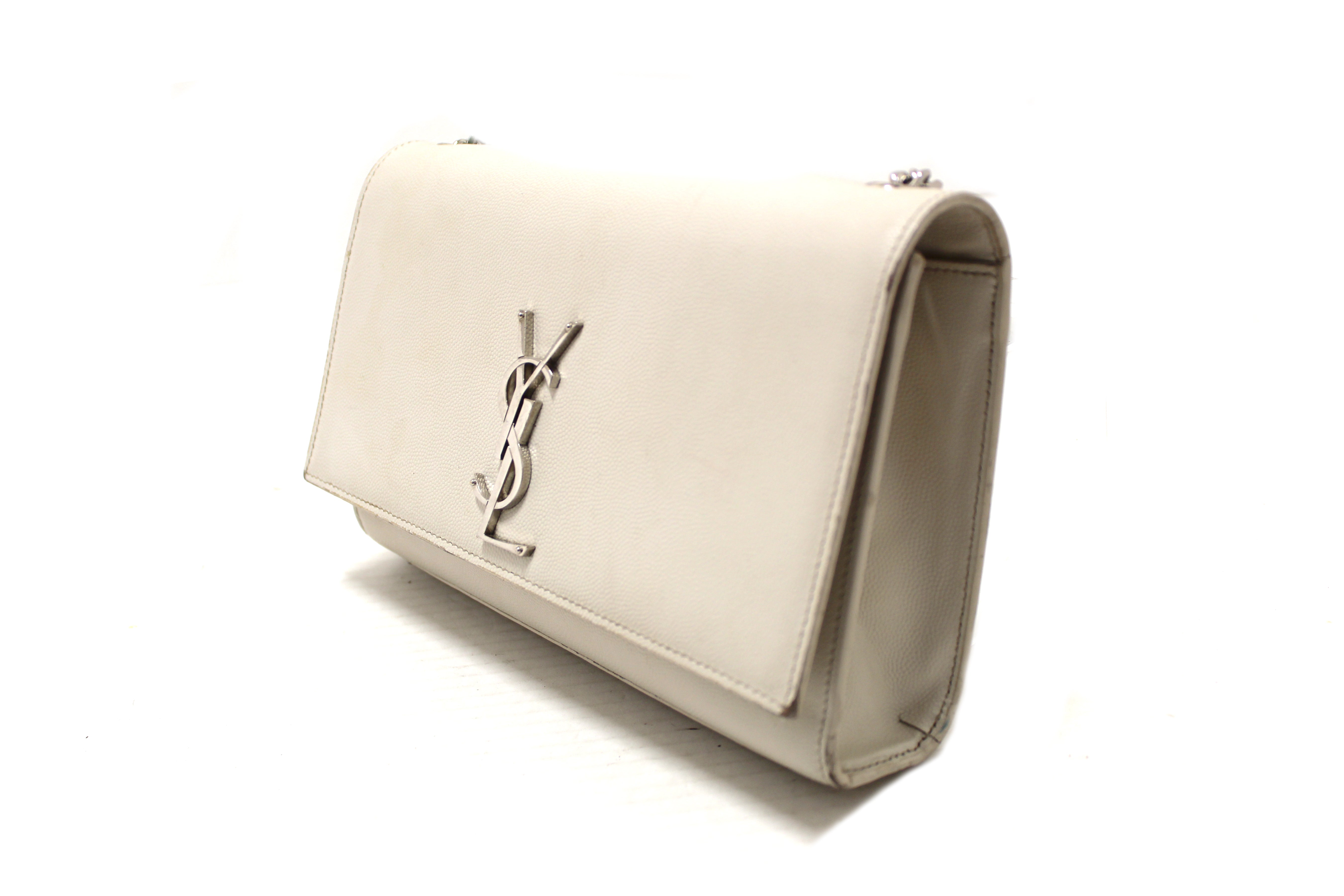 Authentic Yves Saint Laurent YSL Beige Leather Kate Flap Wallet On Chain/Clutch Bag