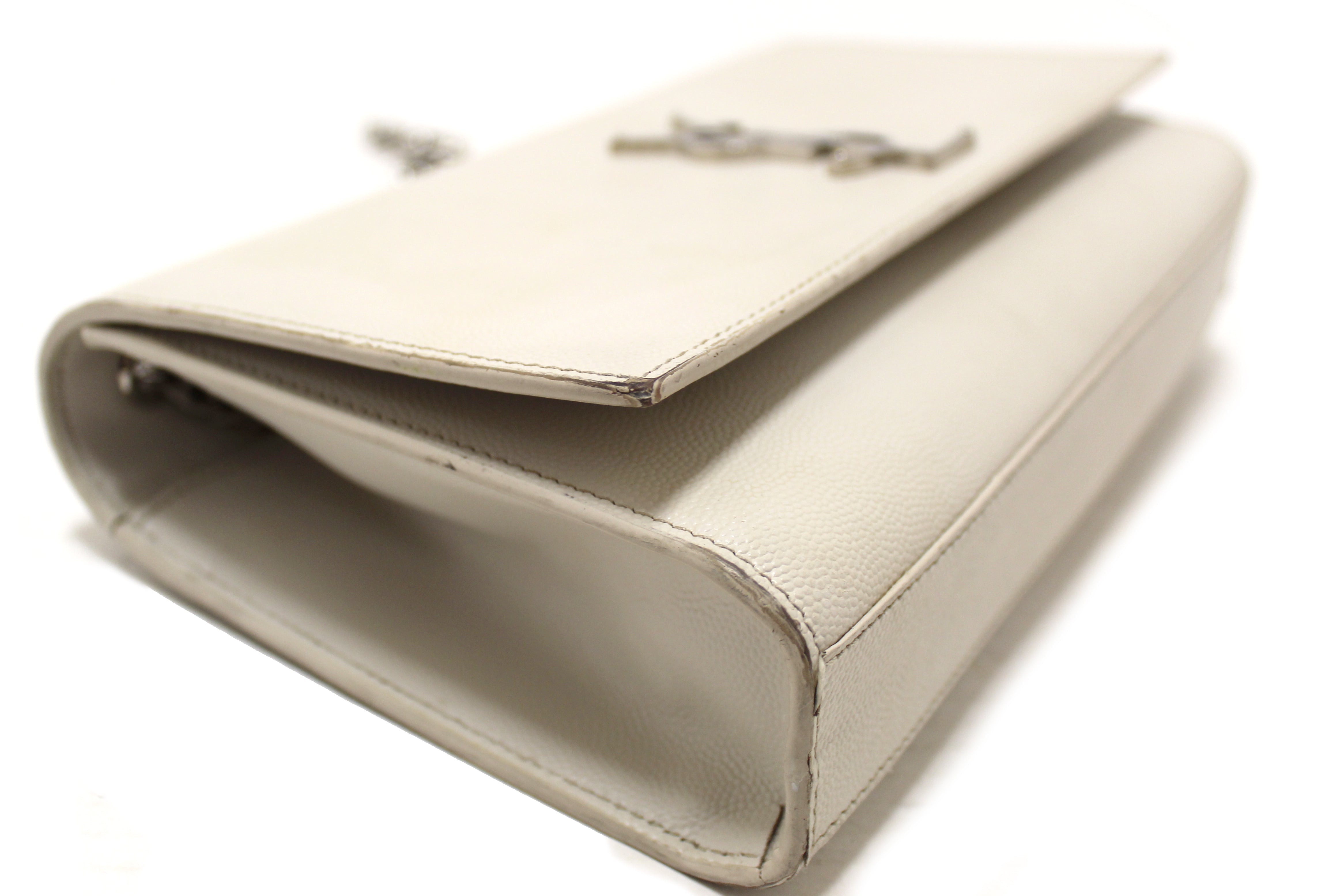 Authentic Yves Saint Laurent YSL Beige Leather Kate Flap Wallet On Chain/Clutch Bag
