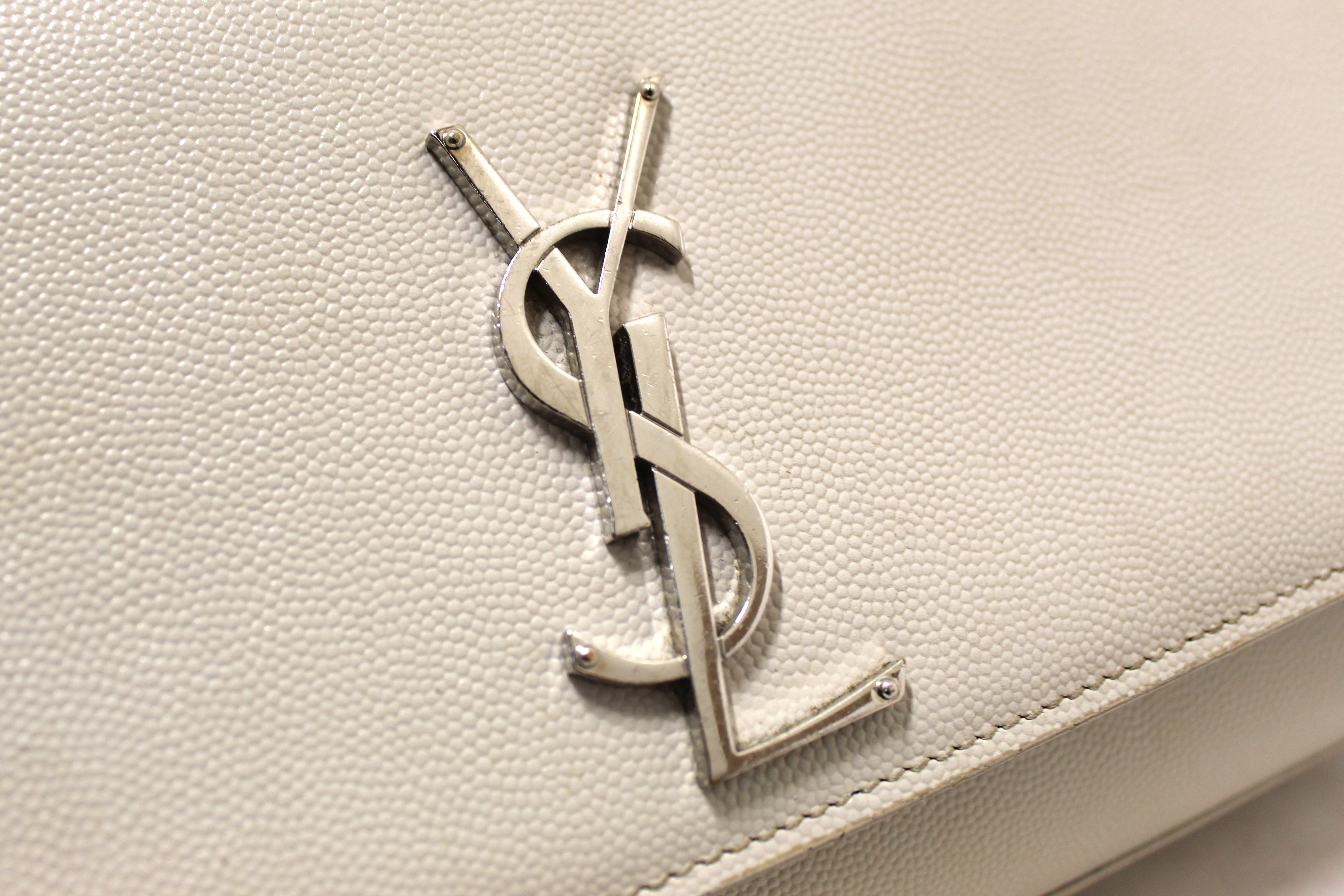 Authentic Yves Saint Laurent YSL Beige Leather Kate Flap Wallet On Chain/Clutch Bag