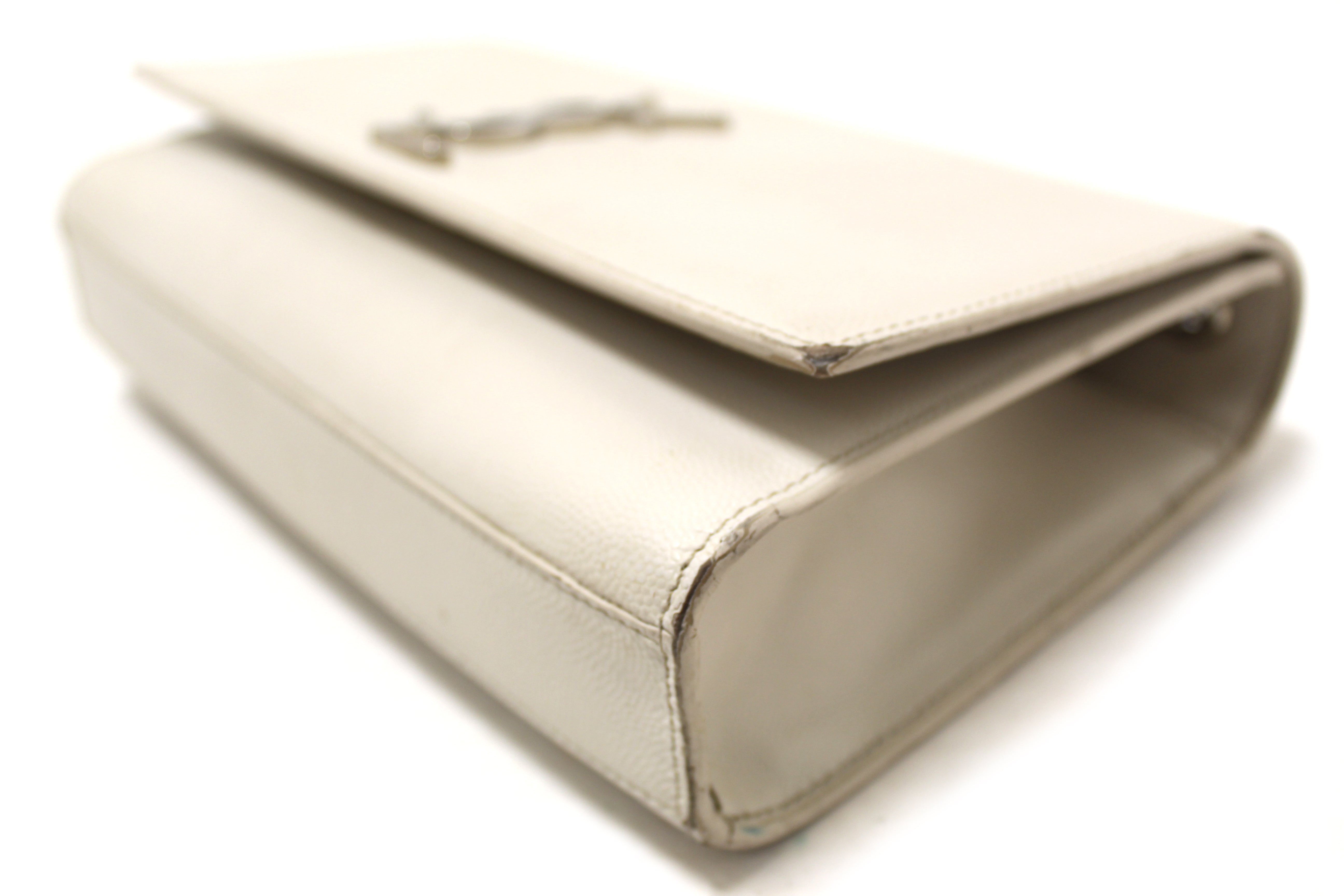 Authentic Yves Saint Laurent YSL Beige Leather Kate Flap Wallet On Chain/Clutch Bag