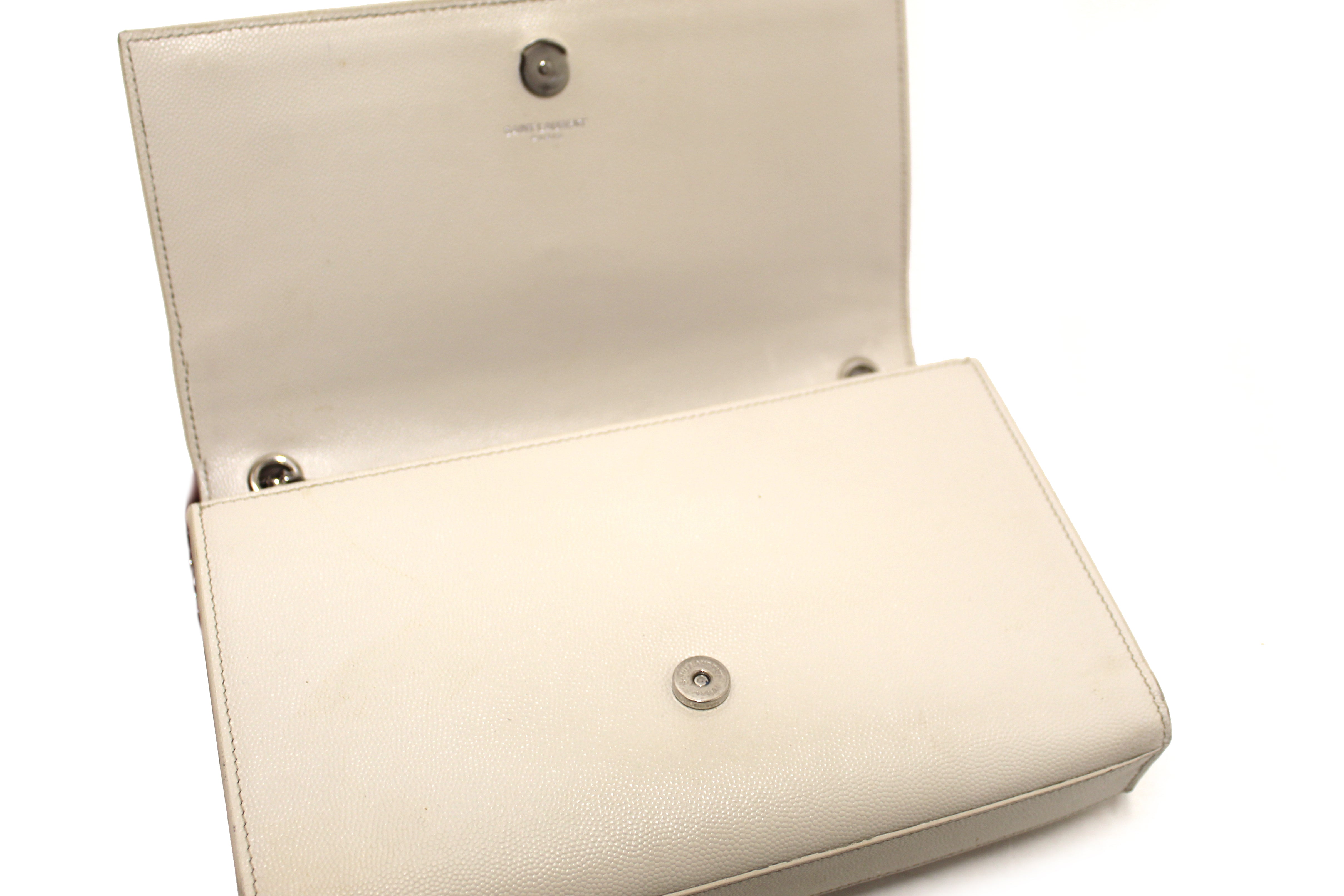 Authentic Yves Saint Laurent YSL Beige Leather Kate Flap Wallet On Chain/Clutch Bag