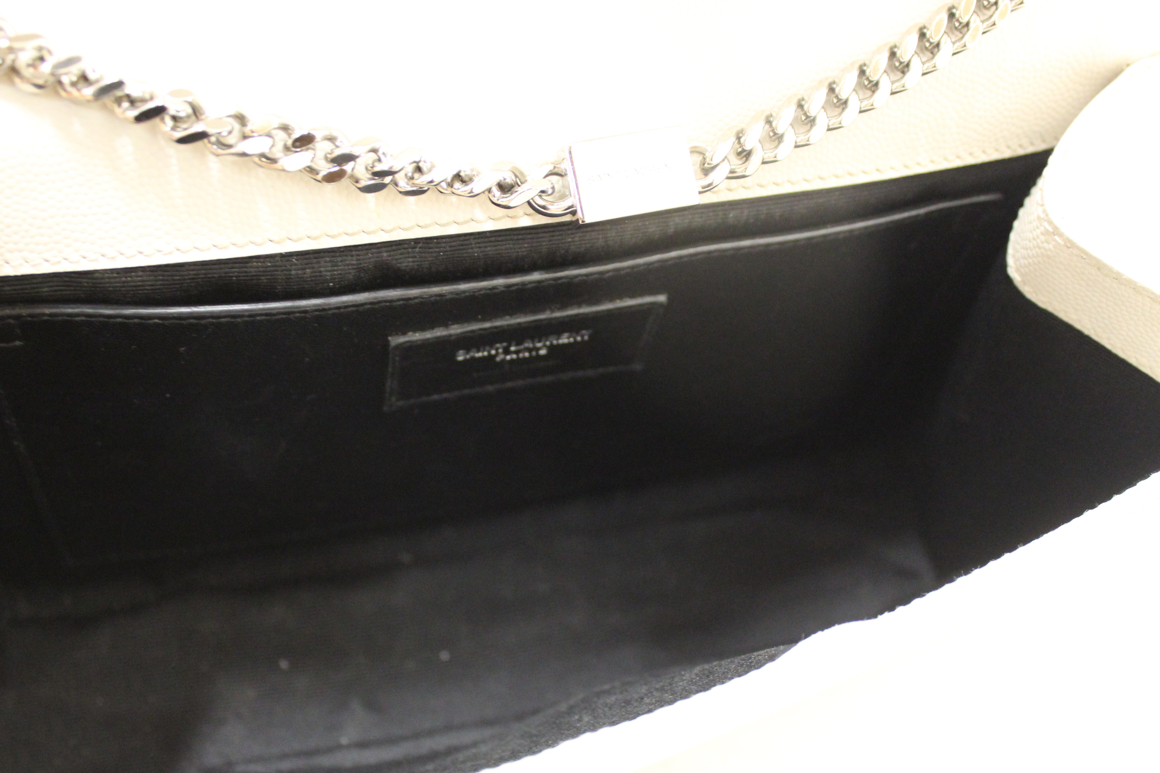 Authentic Yves Saint Laurent YSL Beige Leather Kate Flap Wallet On Chain/Clutch Bag