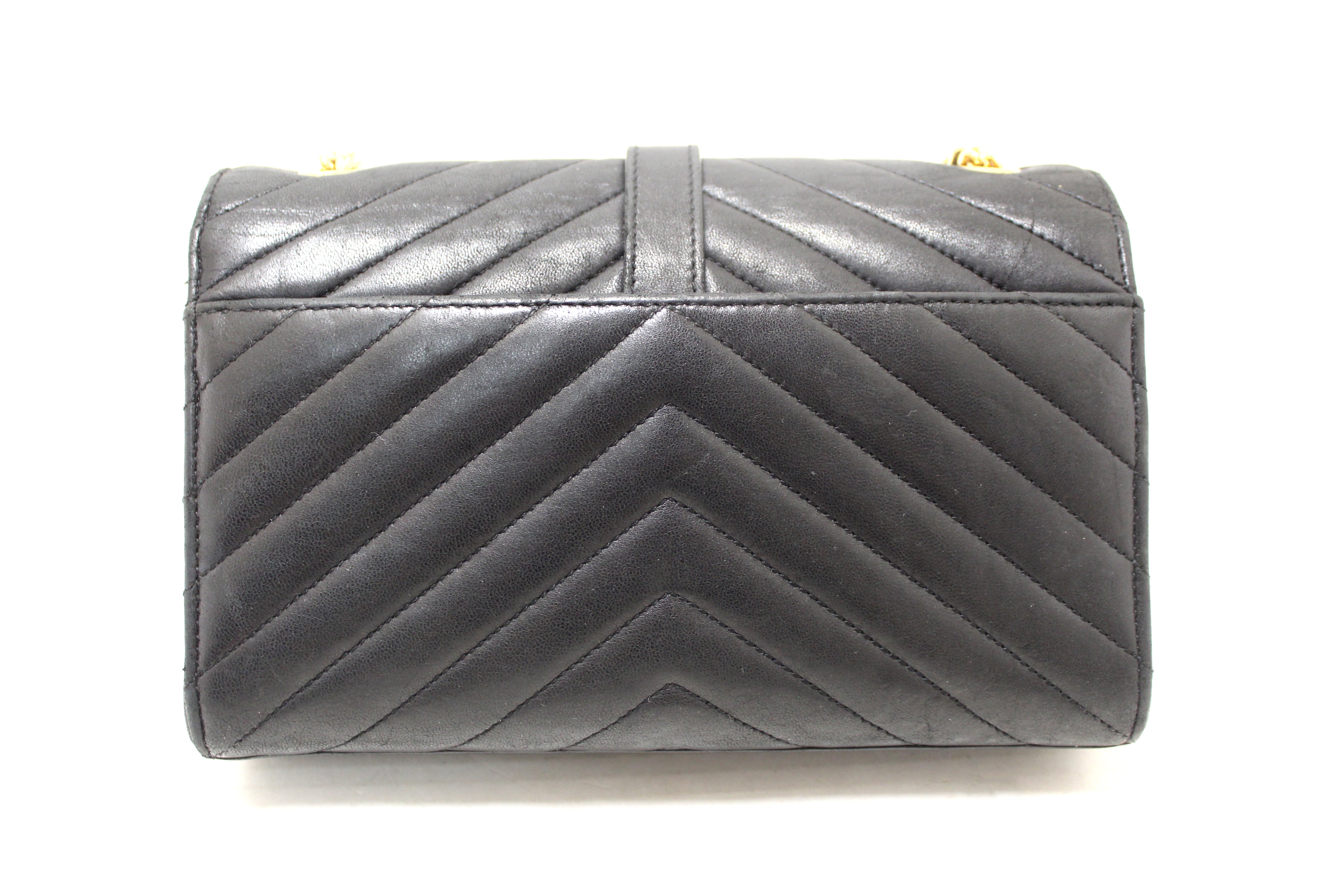 Authentic YSL Saint Laurent Black Matelasse Grain De Poudre Chevron Envelop Chain Crossbody Bag