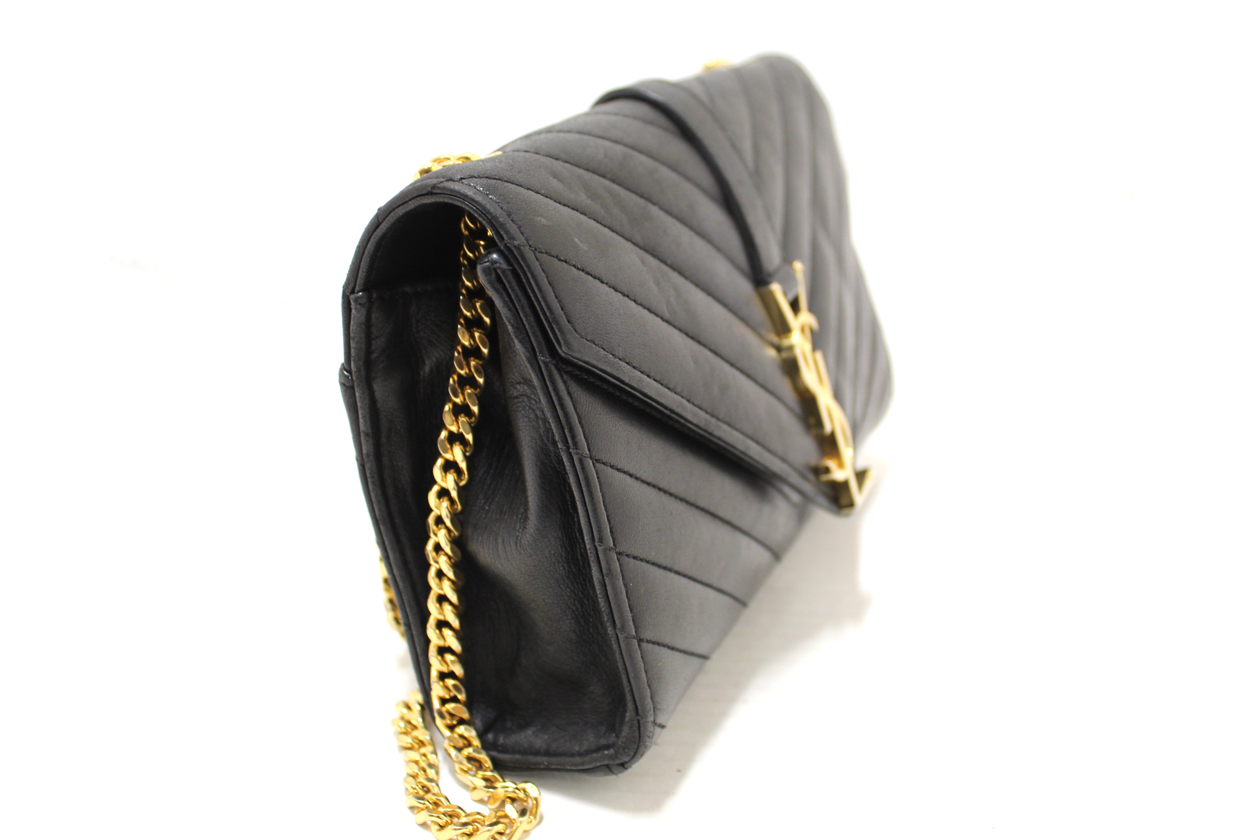Authentic YSL Saint Laurent Black Matelasse Grain De Poudre Chevron Envelop Chain Crossbody Bag