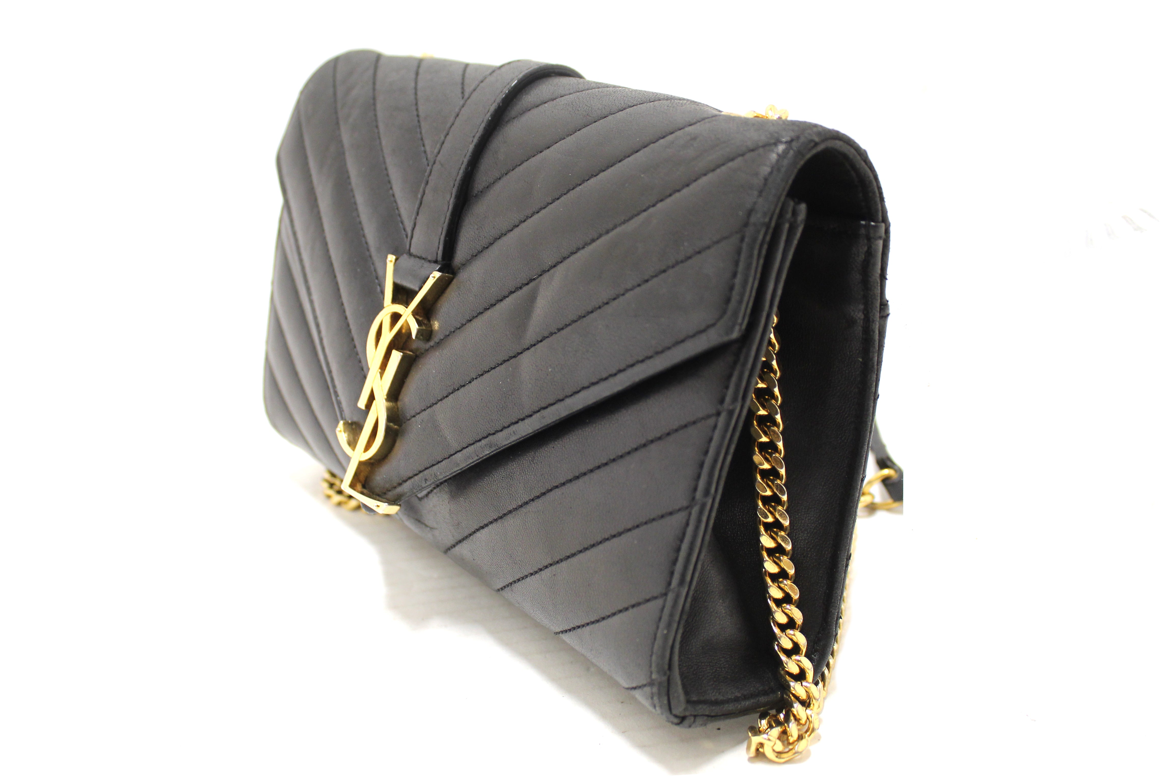 Authentic YSL Saint Laurent Black Matelasse Grain De Poudre Chevron Envelop Chain Crossbody Bag