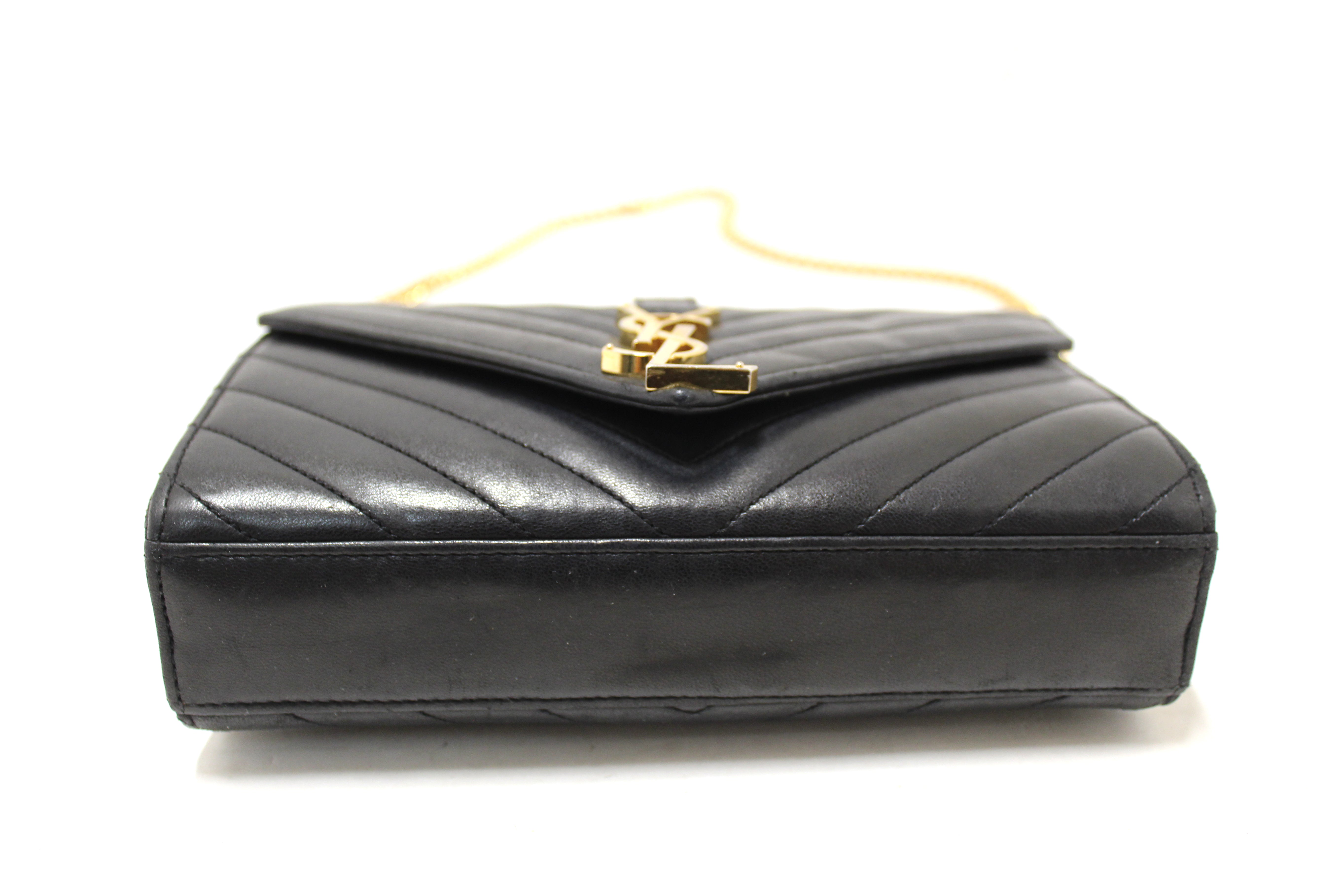 Authentic YSL Saint Laurent Black Matelasse Grain De Poudre Chevron Envelop Chain Crossbody Bag