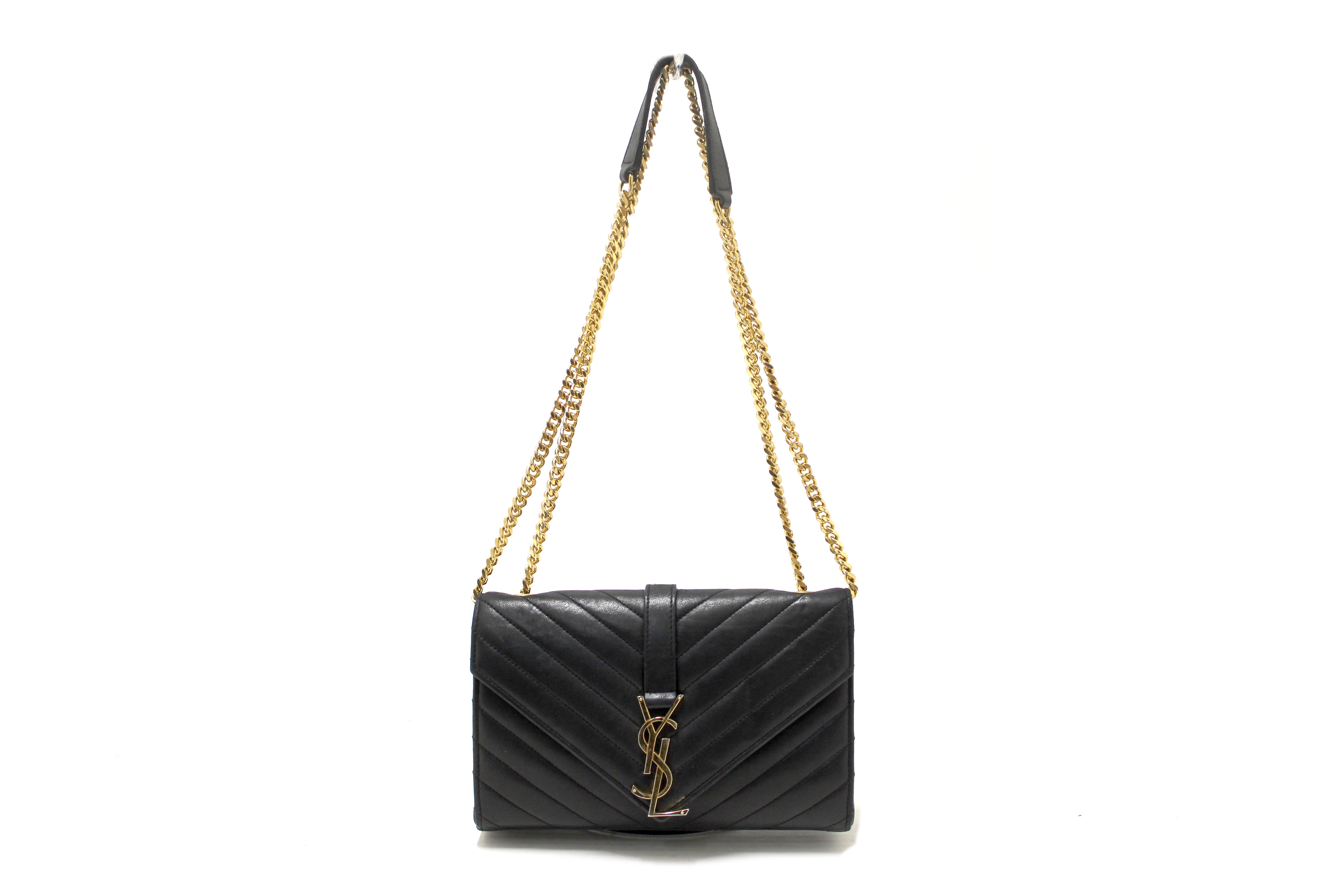 Authentic YSL Saint Laurent Black Matelasse Grain De Poudre Chevron Envelop Chain Crossbody Bag