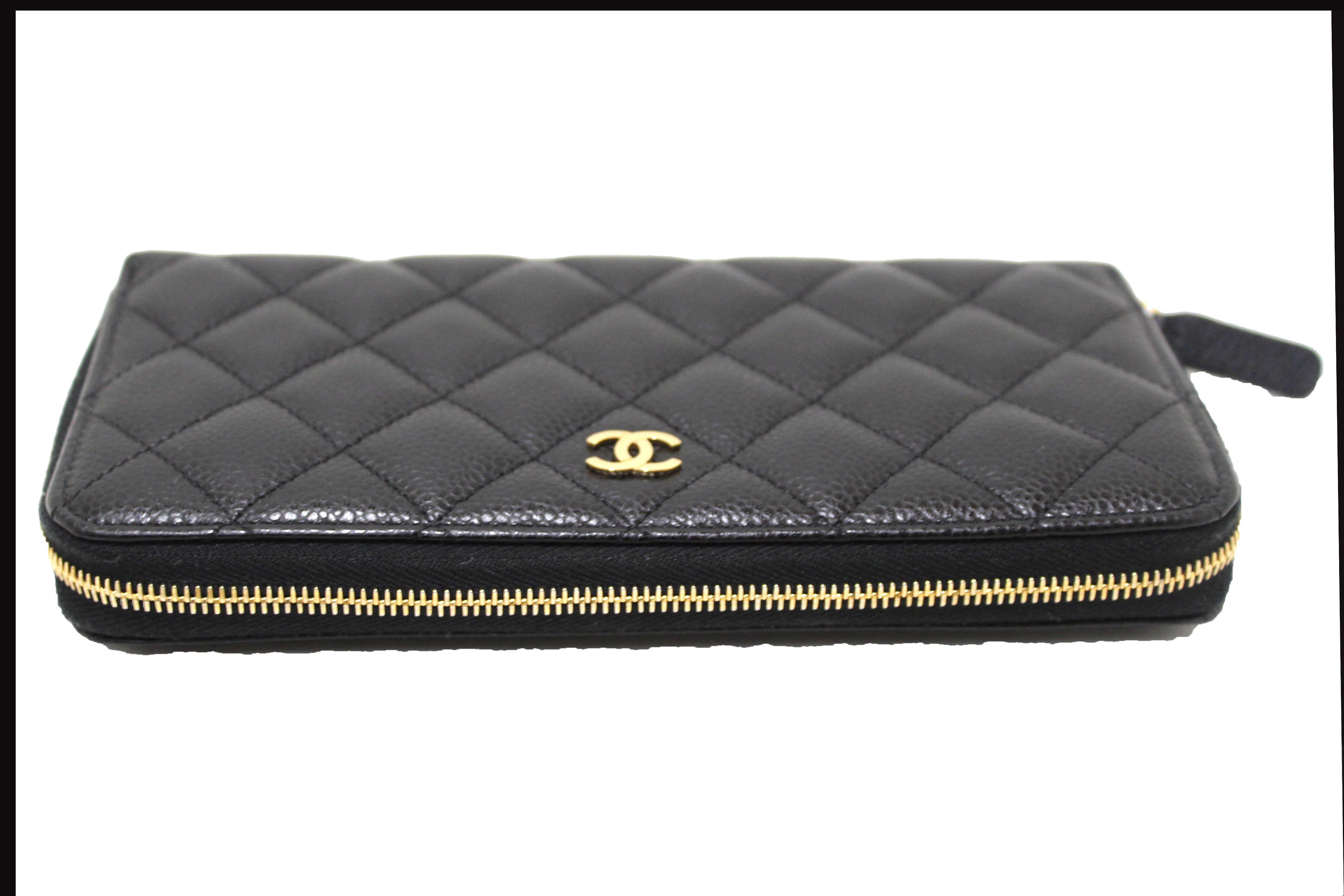 Authentic Chanel Black Quilted Caviar Leather Classic Long Zipped Wallet