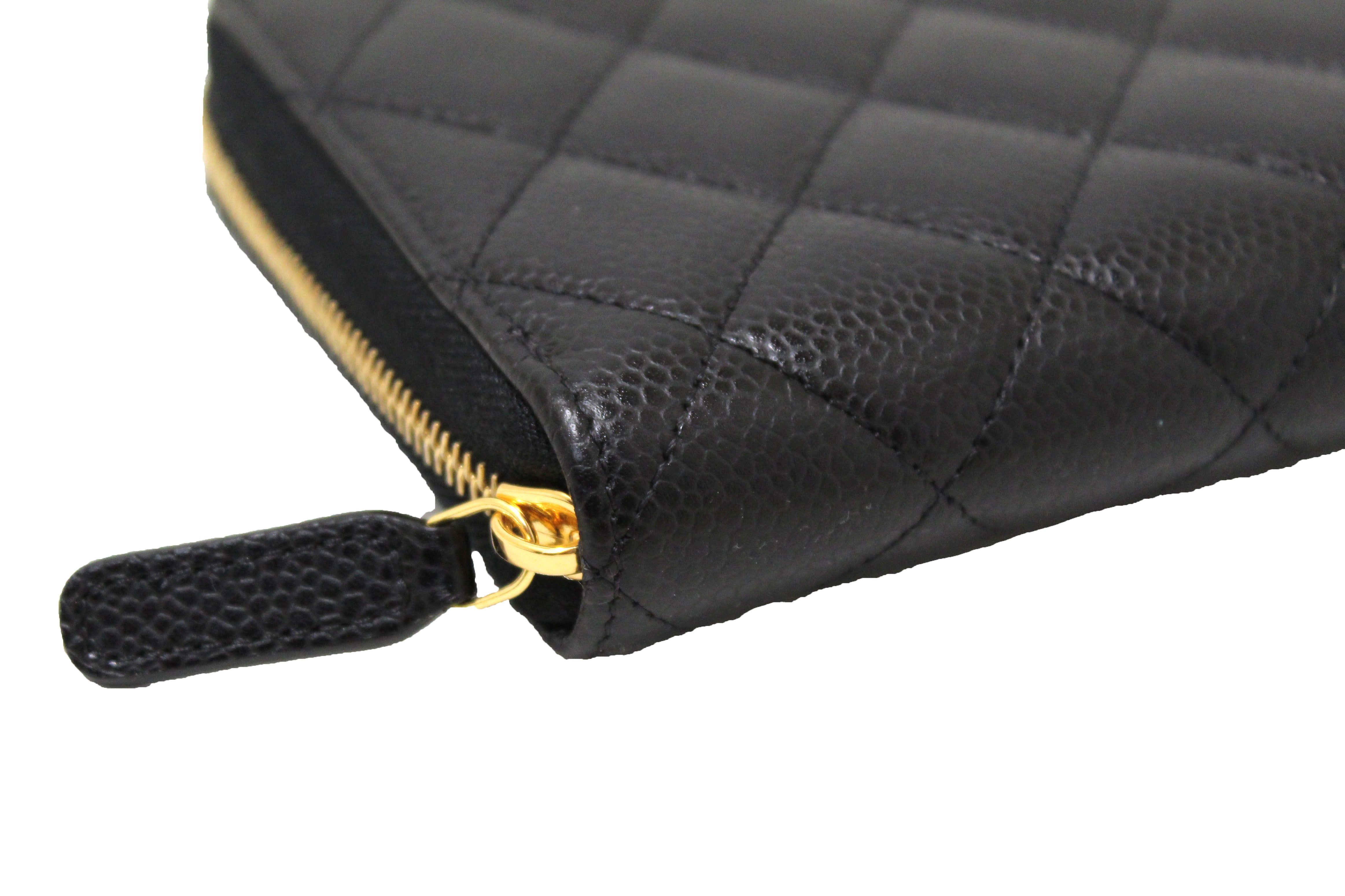 Authentic Chanel Black Lambskin Quilted Zipper Wallet