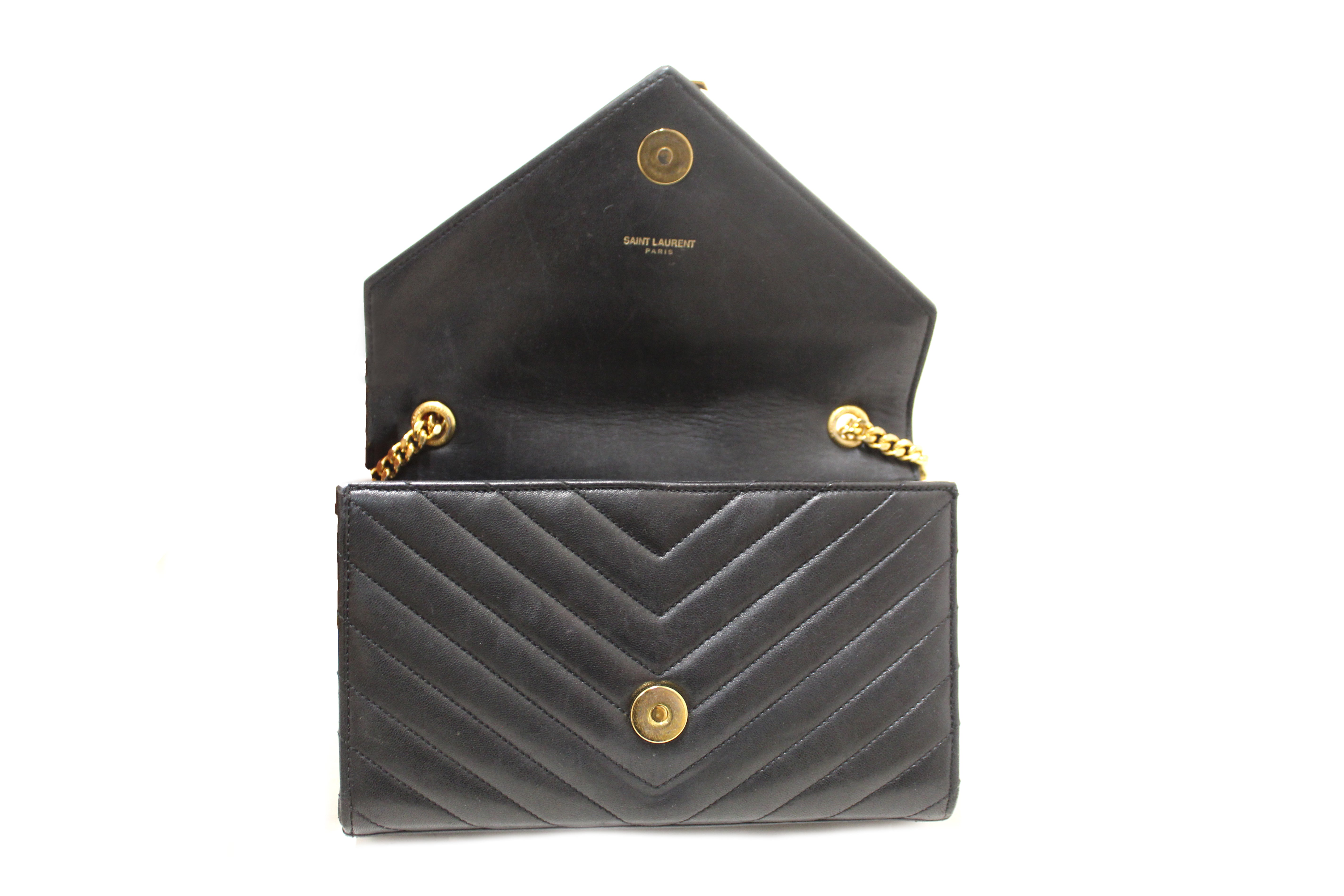 Authentic YSL Saint Laurent Black Matelasse Grain De Poudre Chevron Envelop Chain Crossbody Bag